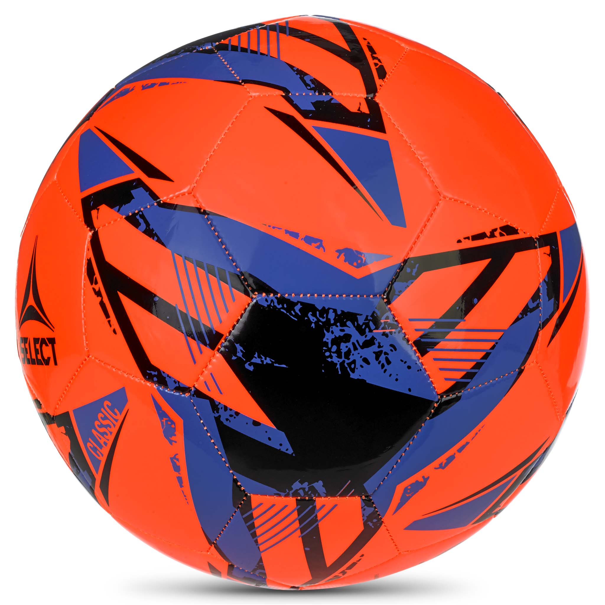 Classic v26 fodbold i orange med blå og sorte grafiske mønstre, set fra højre side.