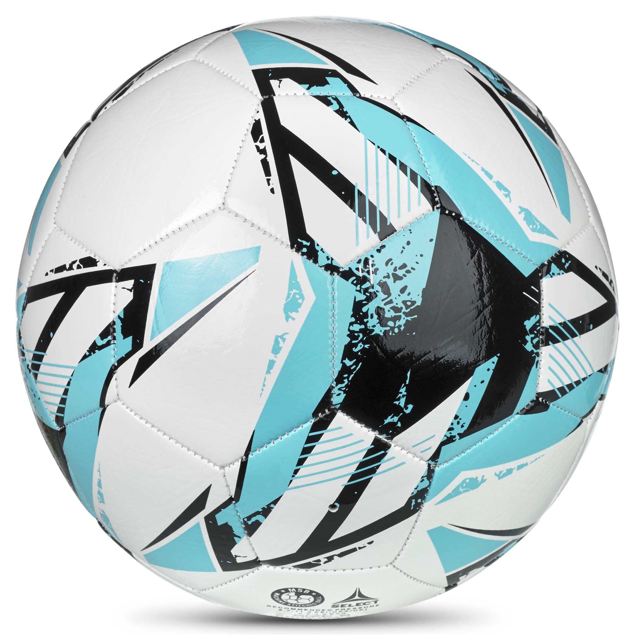 Classic v26 fodbold, bagside, i hvid med cyanblå og sorte geometriske mønstre.