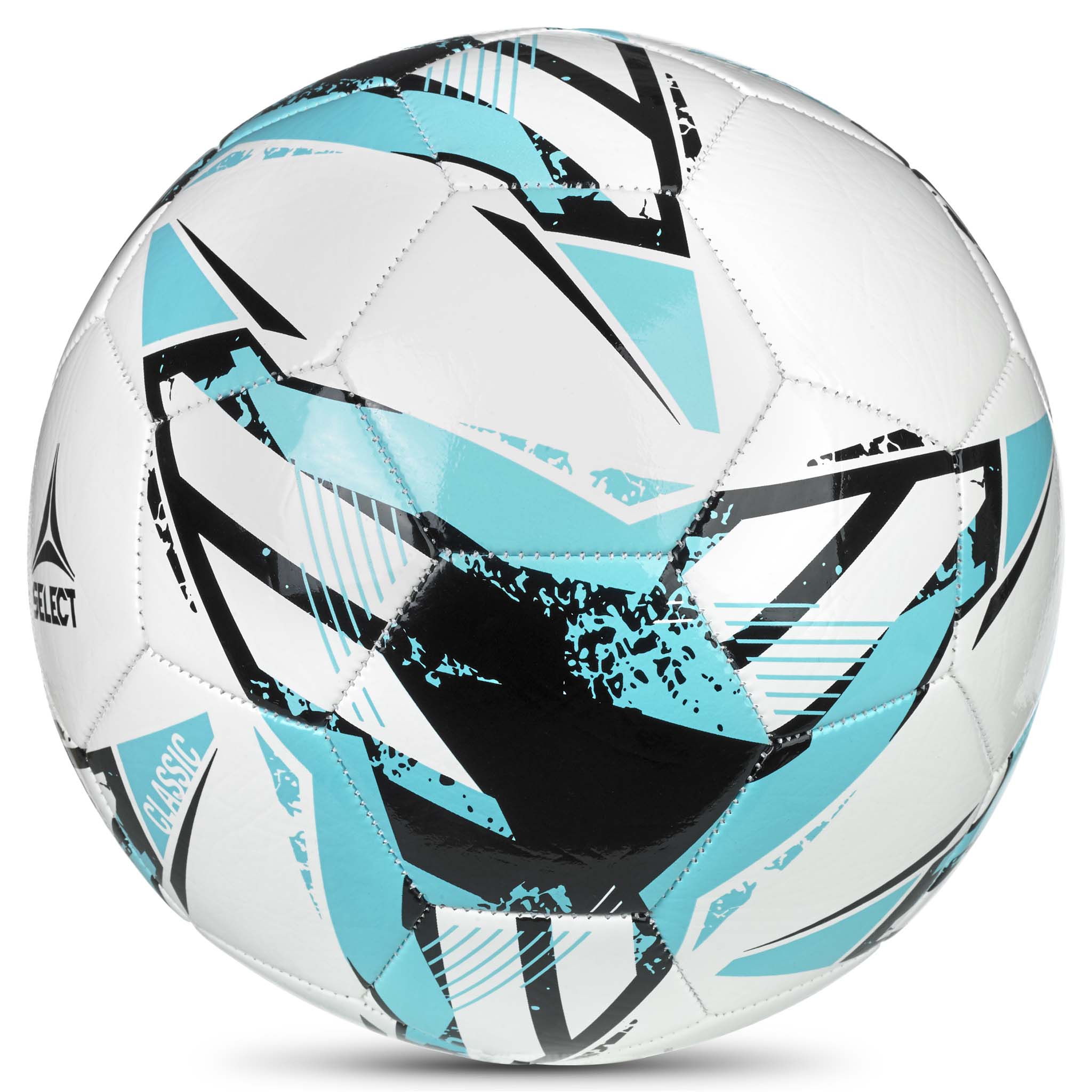 Classic v26 fodbold i hvid, bl en og sort, set fra h jre side.