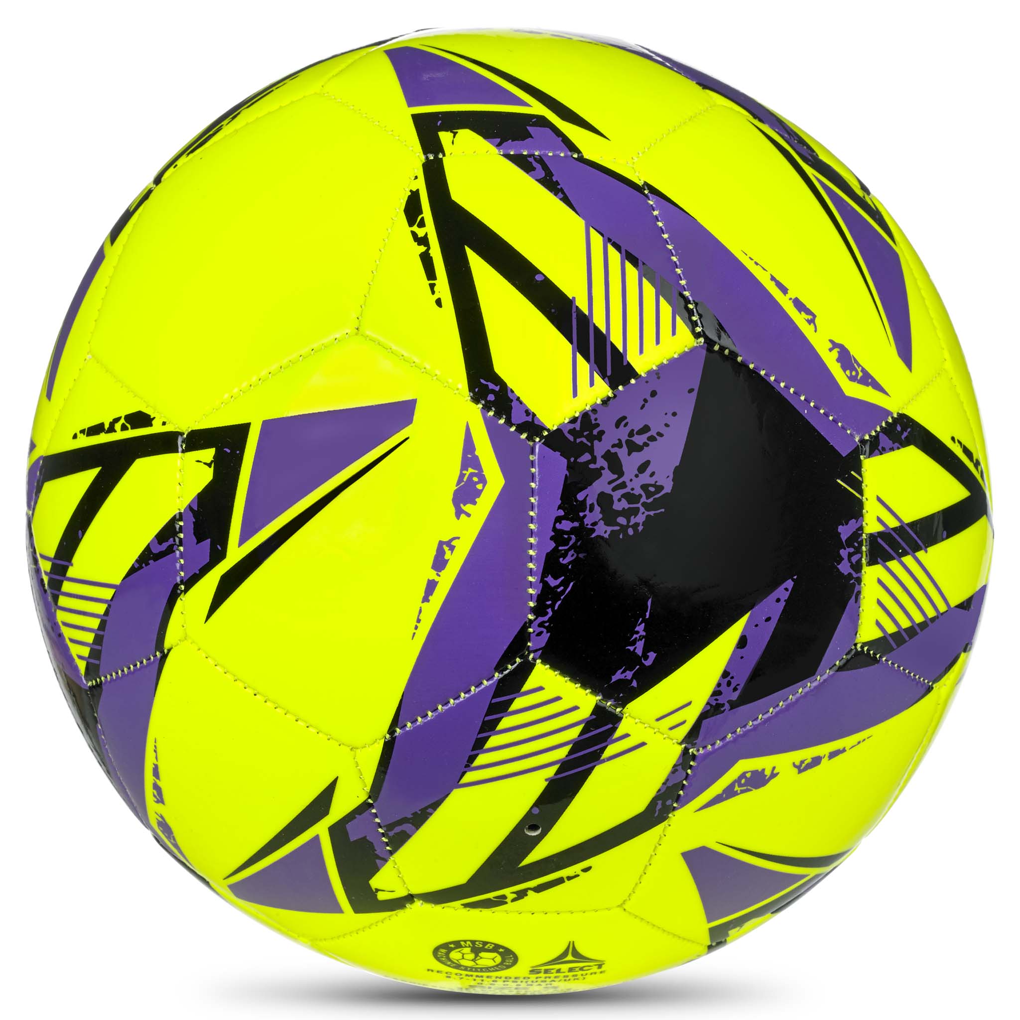 Classic v26 fodbold, bagside, gul med lilla og sort stjerne- og stribedesign.