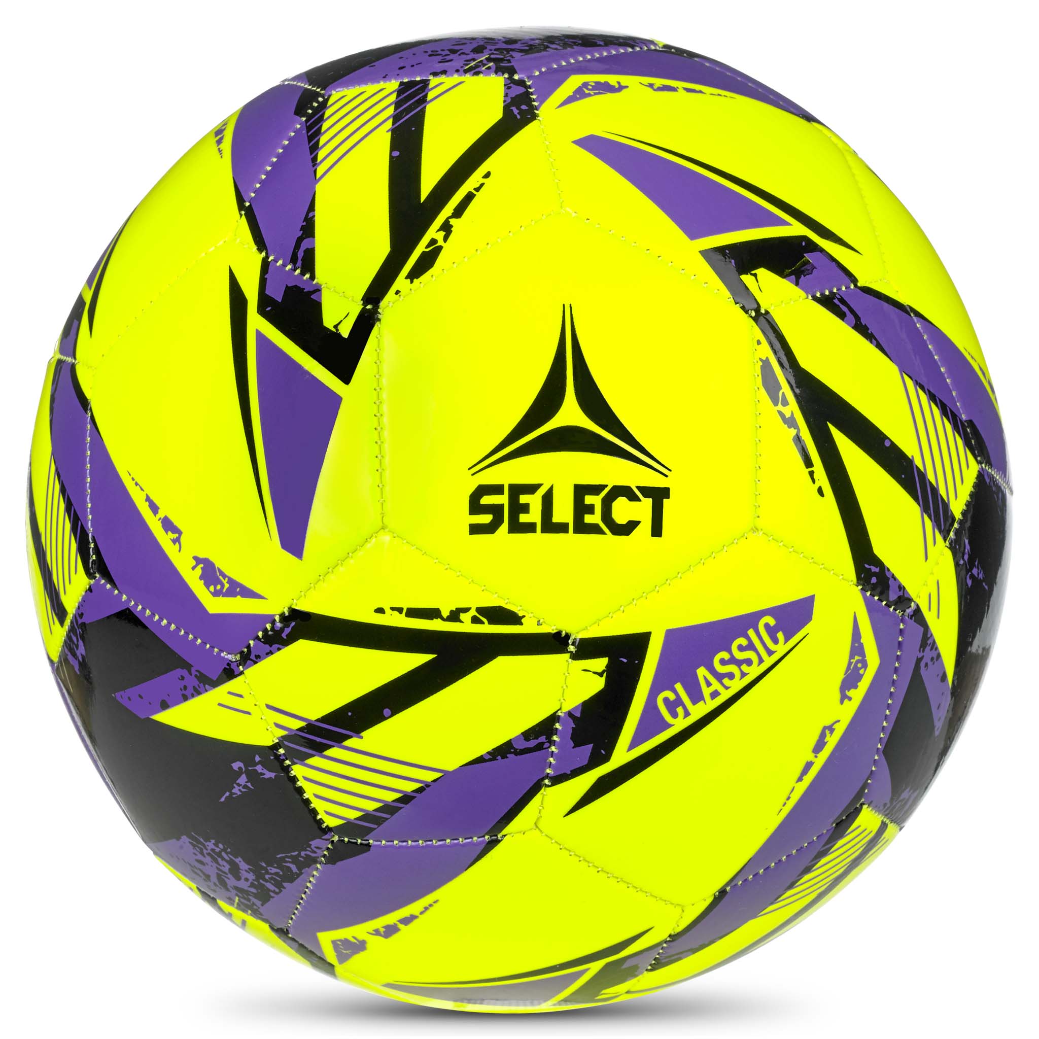 Classic v26 fodbold, forside. Gul bold med lilla og sort design og Select-logo.