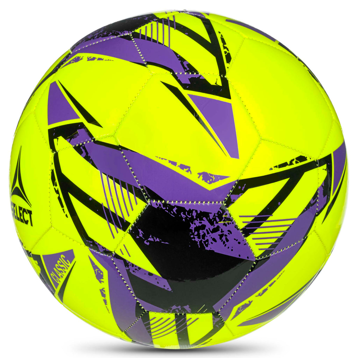 Classic v26 fodbold i neongul med lilla og sort design, set fra højre side.
