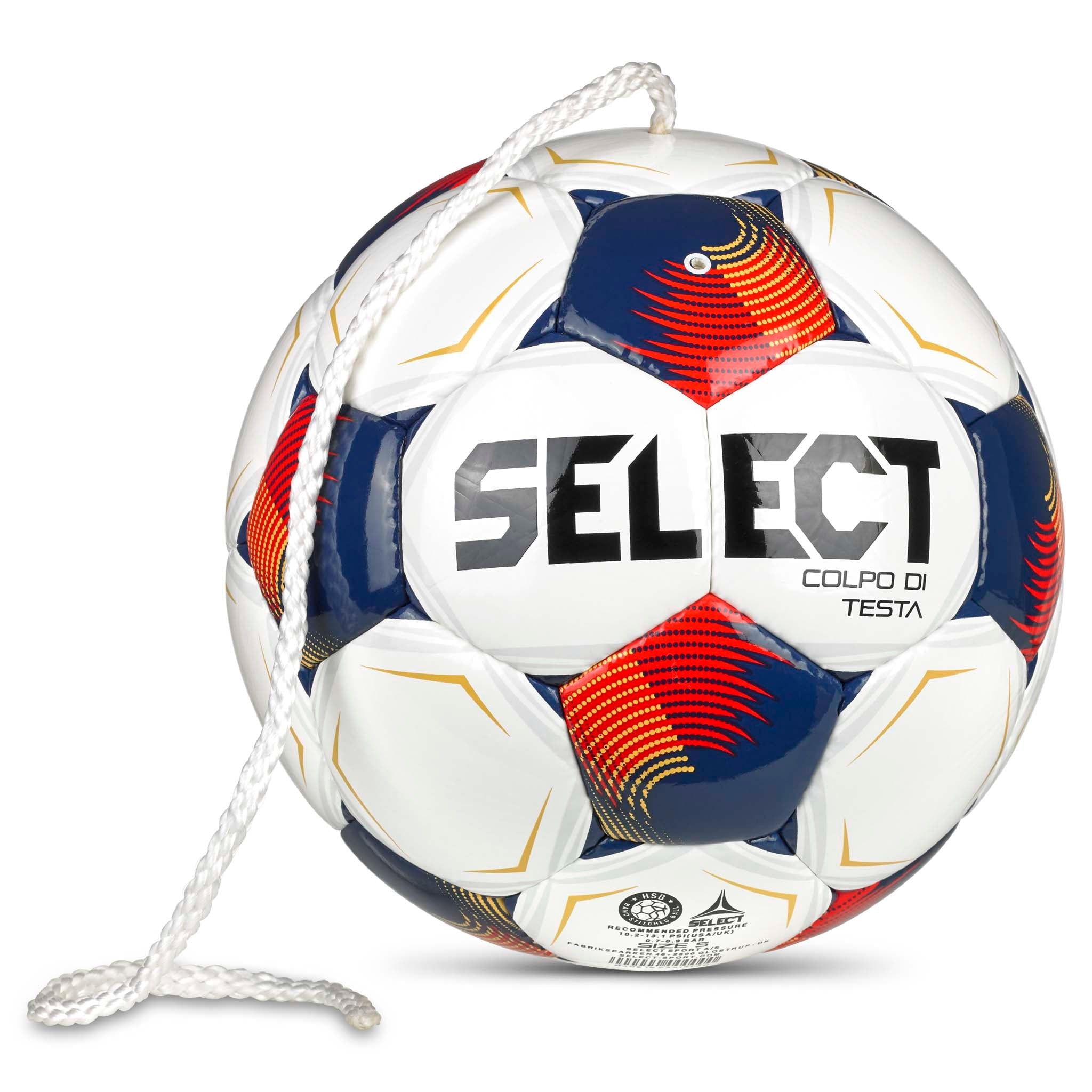 Colpo Di Testa v26 fodbold, bagside, hvid med røde, blå og orange paneler, fastgjort snor.