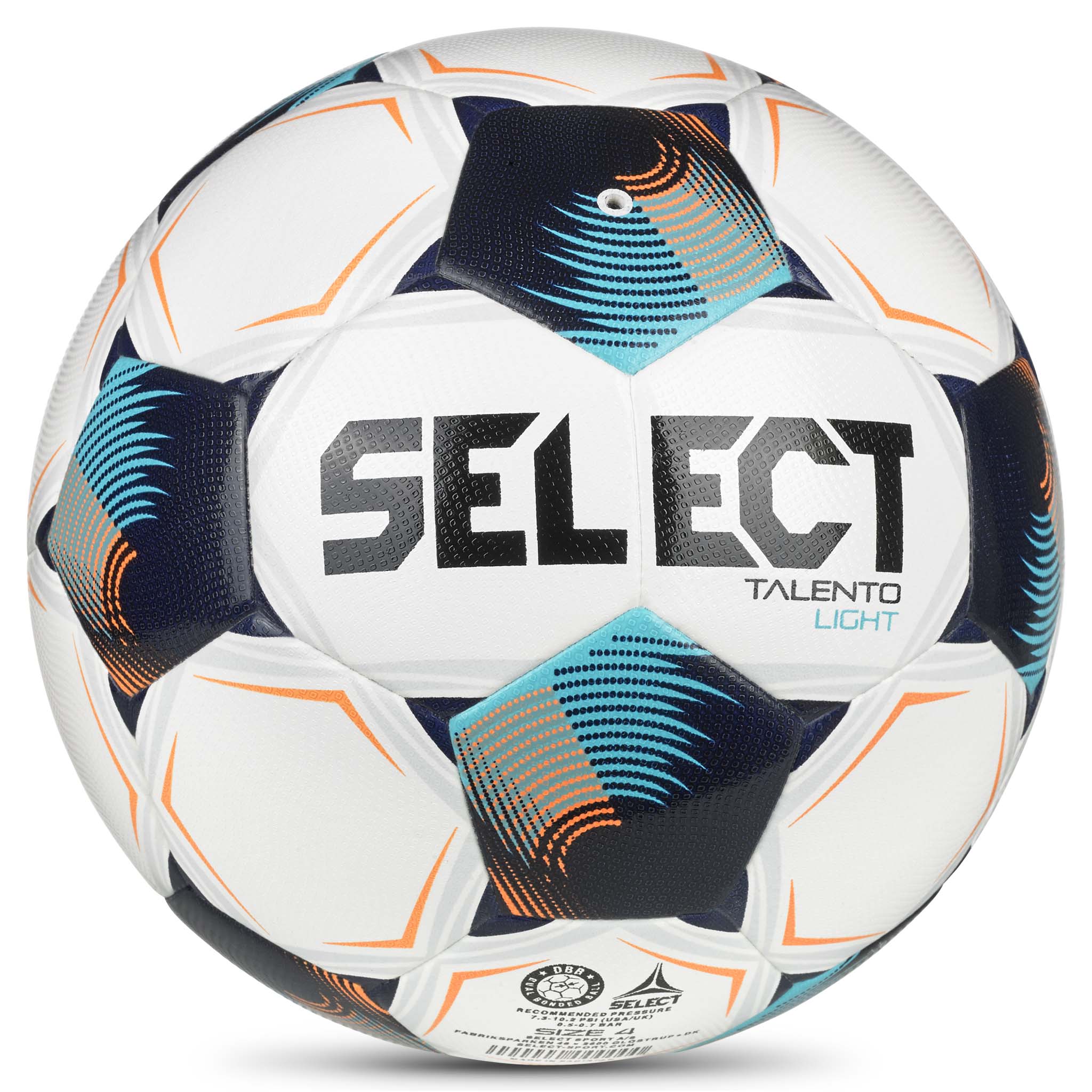 Talento Light v26 fodbold, bagside. Hvid bold med blå, marineblå, orange og turkise paneler.