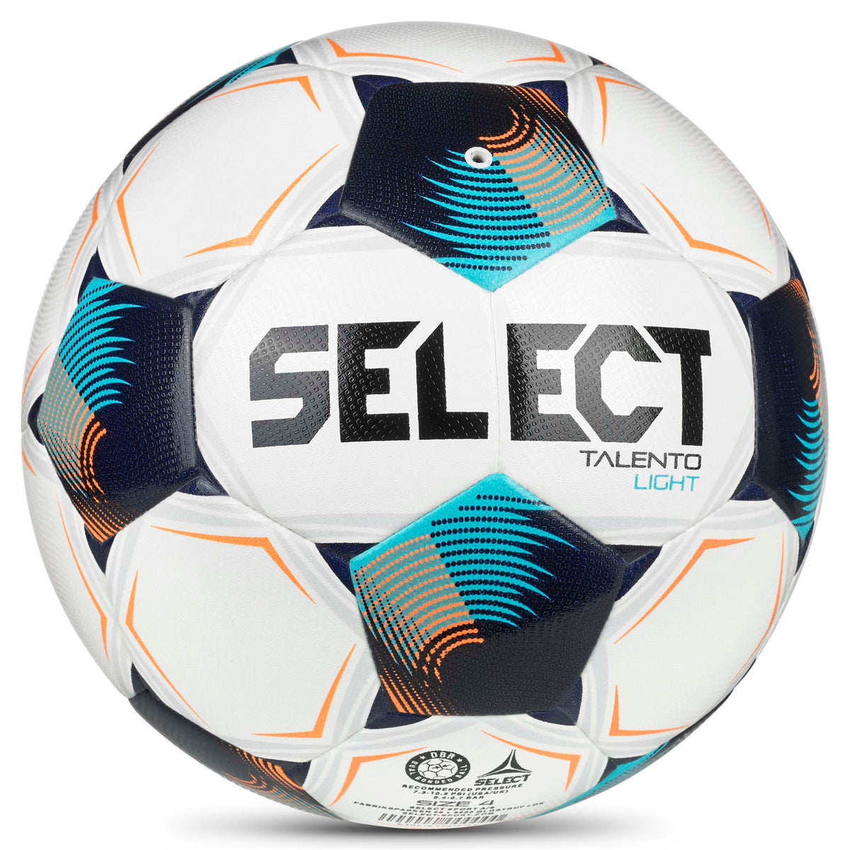 Talento Light v26 fodbold, bagside. Hvid bold med blå, marineblå, orange og turkise paneler.