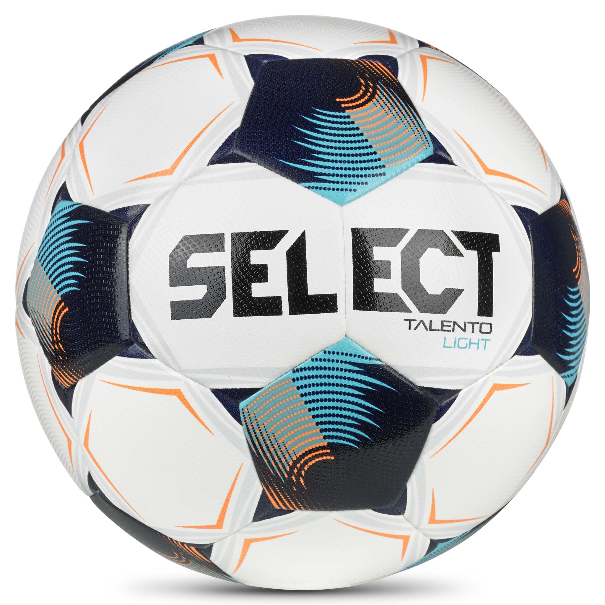 Talento Light v26 fodbold, forside, hvid med blåt, marineblåt og orange design.