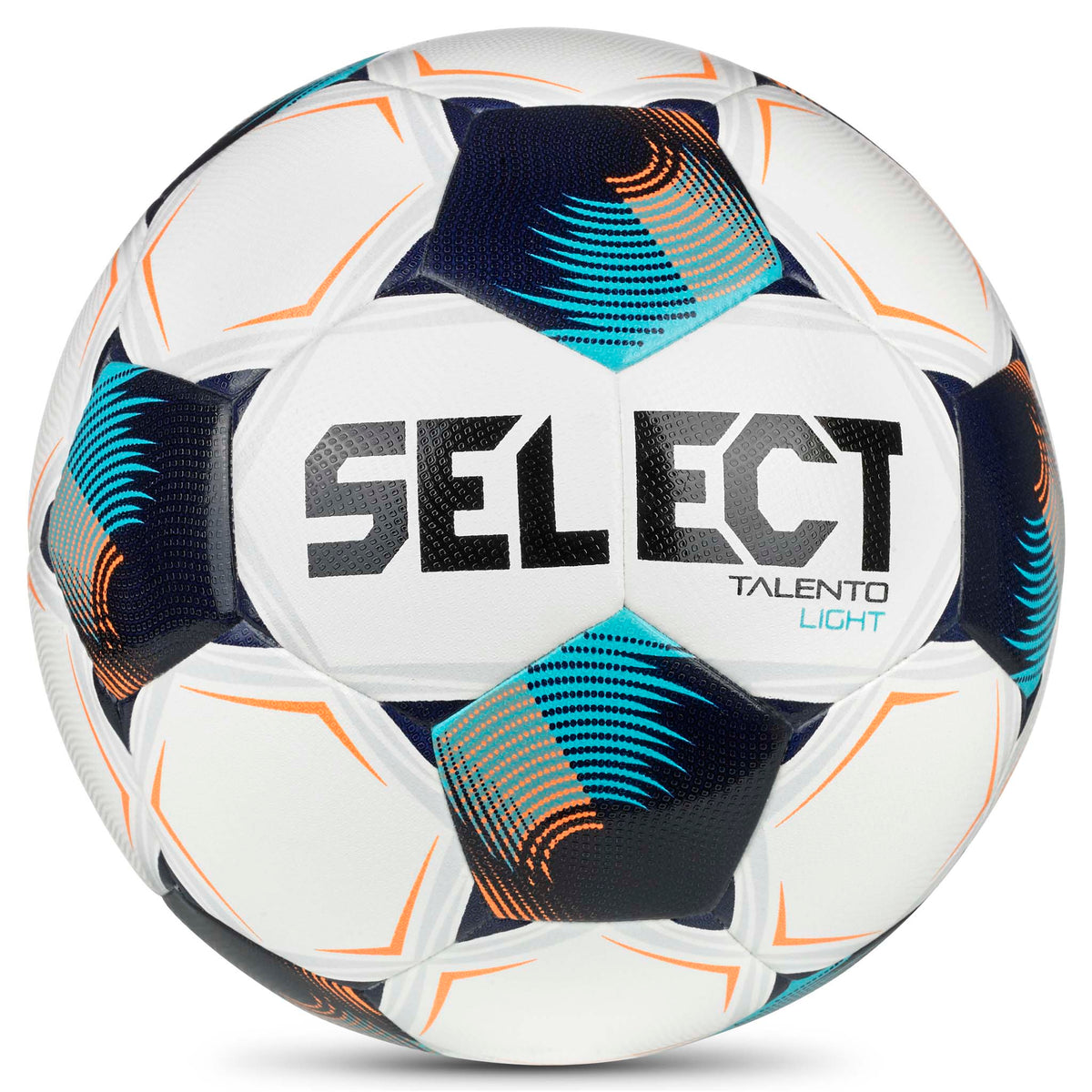 Talento Light v26 football, front page, white with blue, navy and orange design.