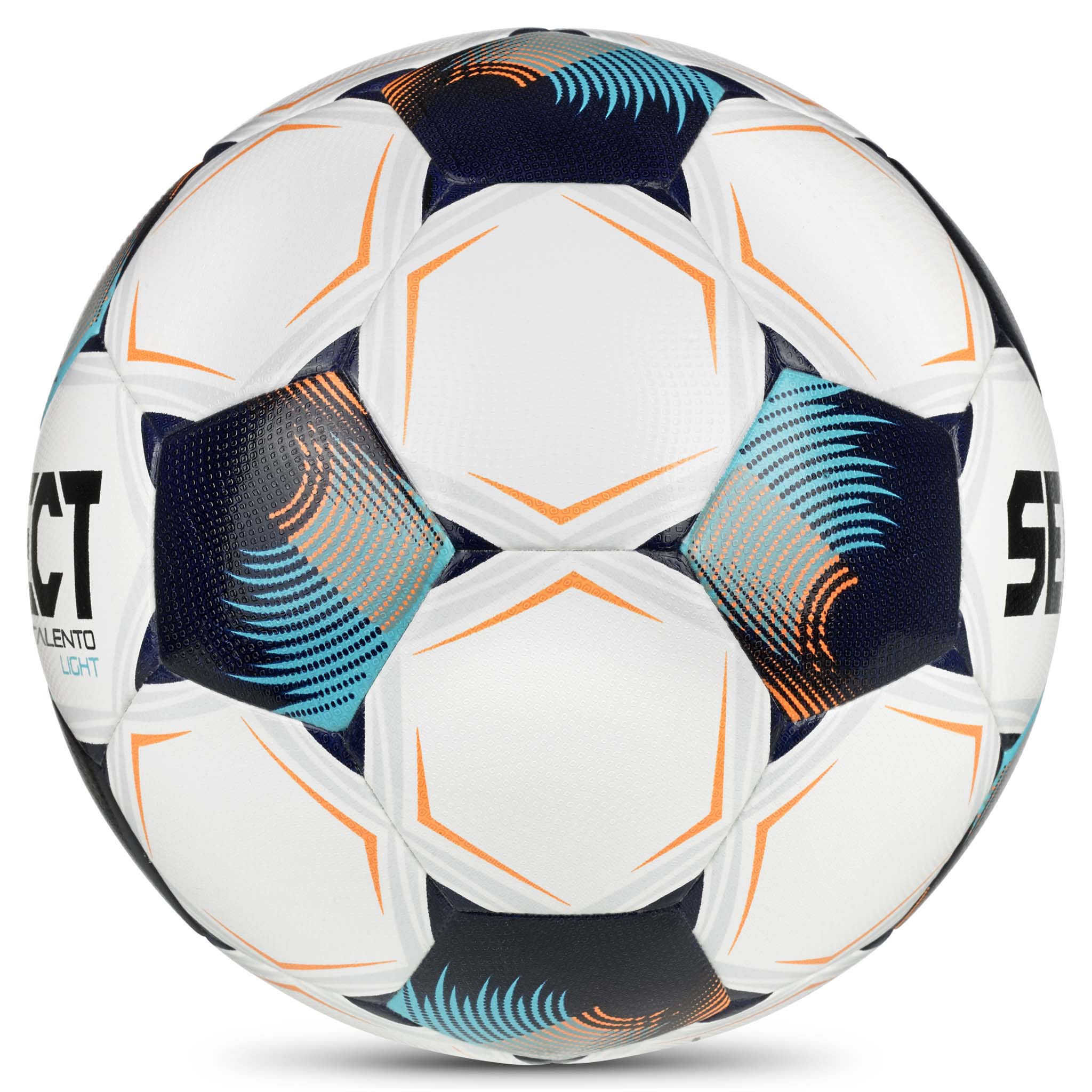 Talento Light v26 fodbold, hvid med blå, marineblå og orange detaljer, set fra højre side