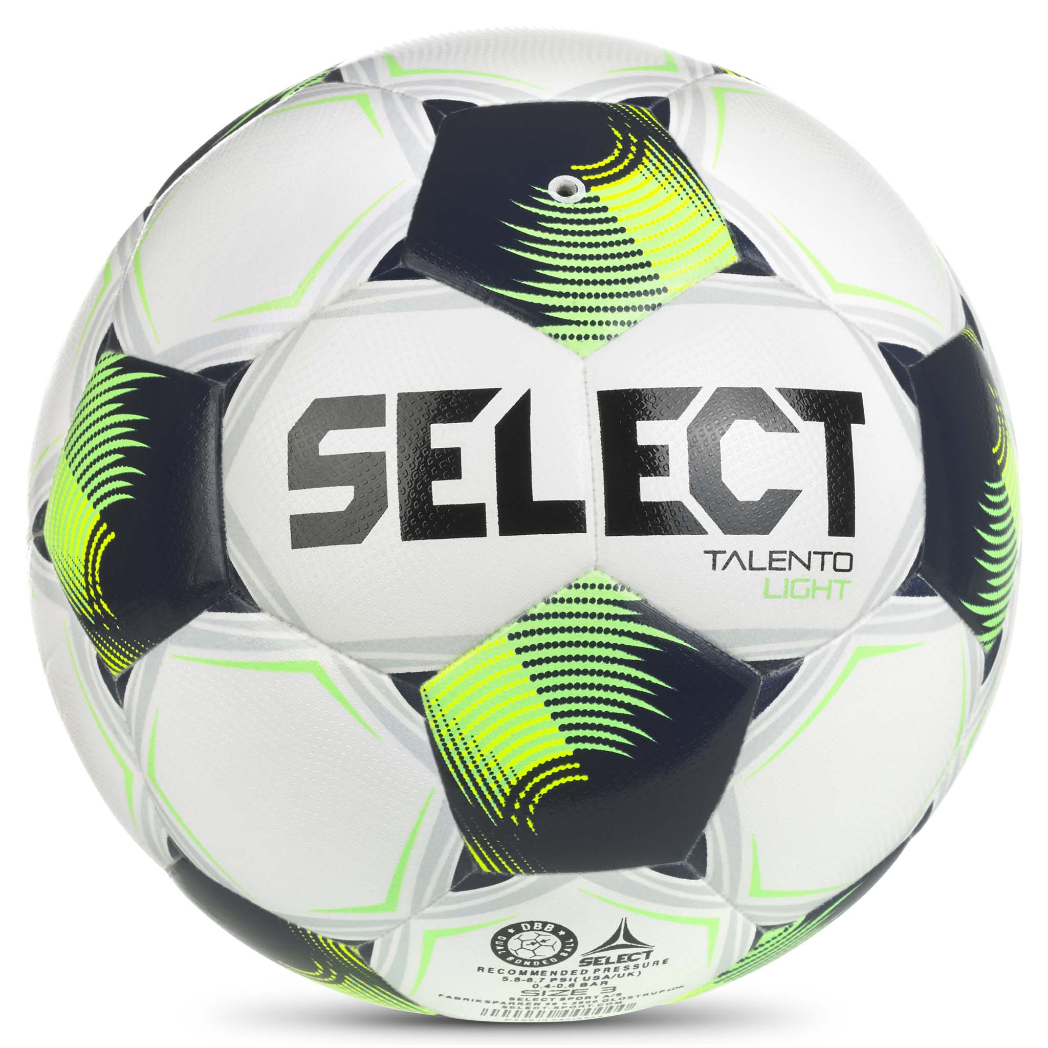 Talento Light v26 fodbold, bagside, hvid med grønt, marineblåt og gult design.