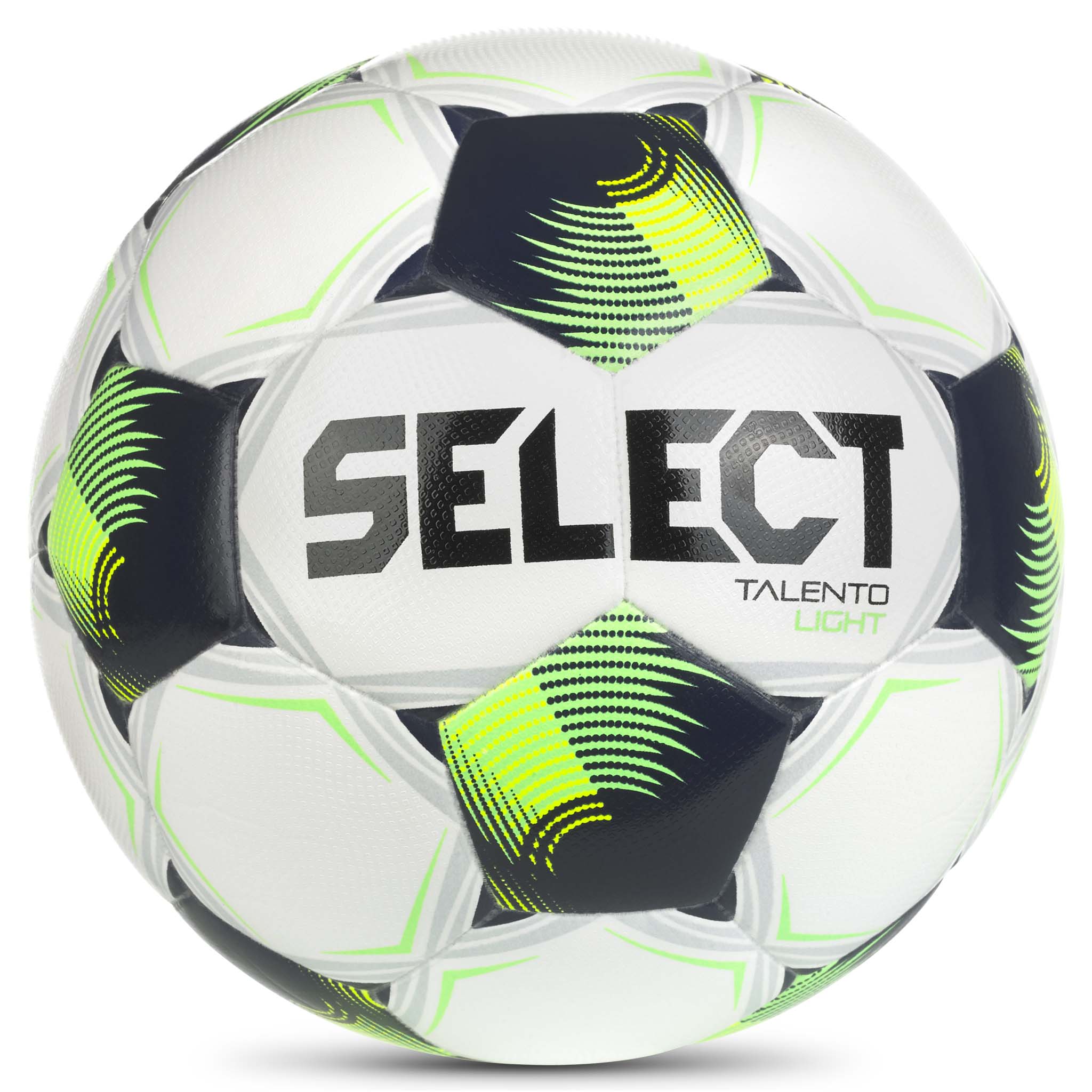 Talento Light v26 fodbold, forside, hvid med grønne, marineblå og gule paneler, Select-logo.