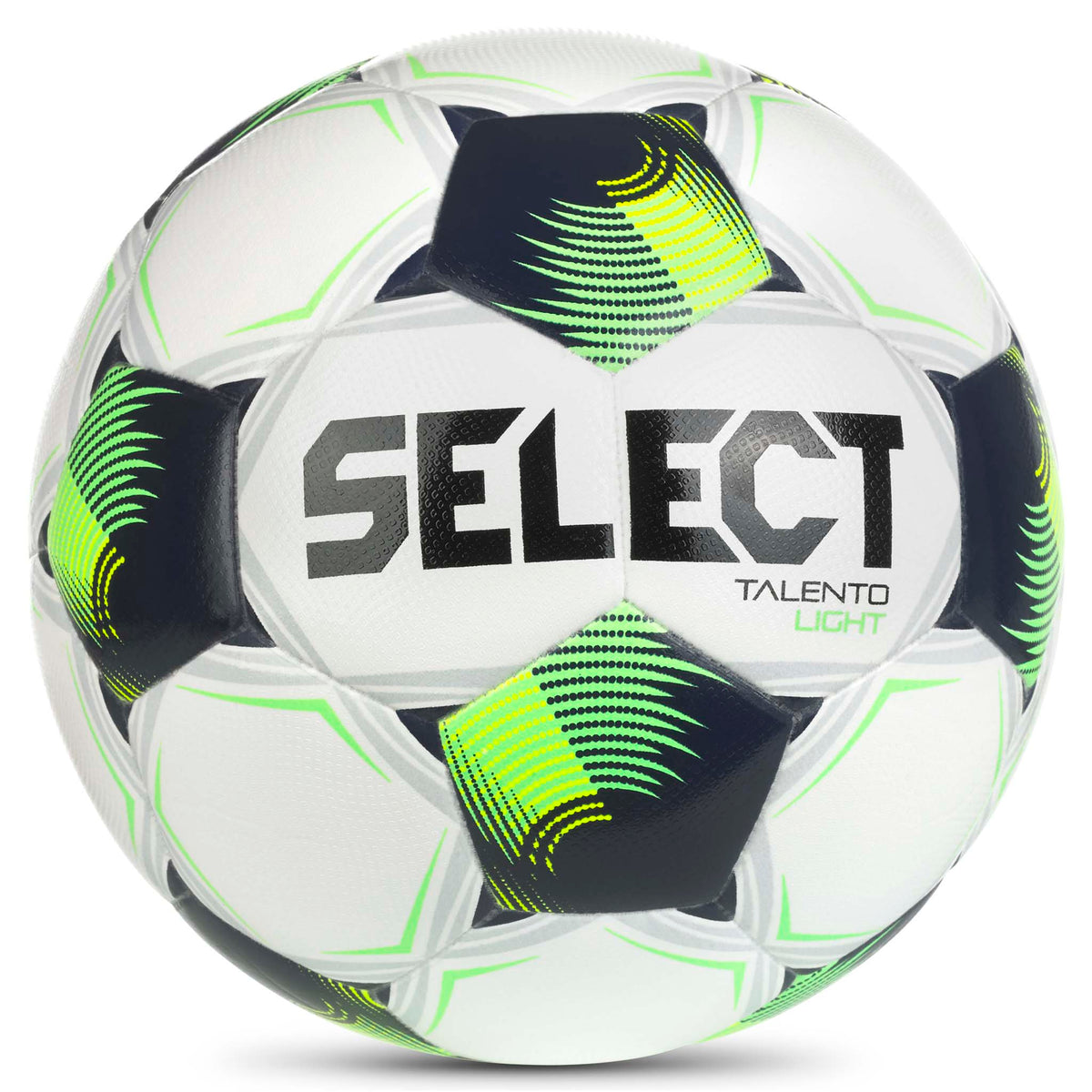 Talento Light v26 fodbold, forside, hvid med grønne, marineblå og gule paneler, Select-logo.