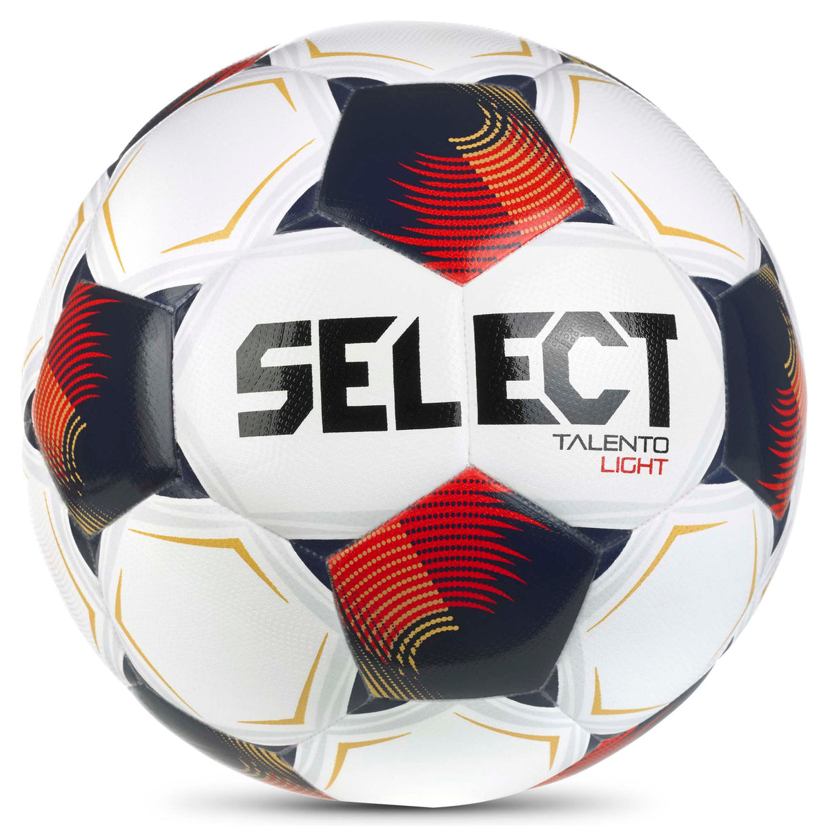 Front page of Talento Light v26 football in white, red and navy with orange accents.