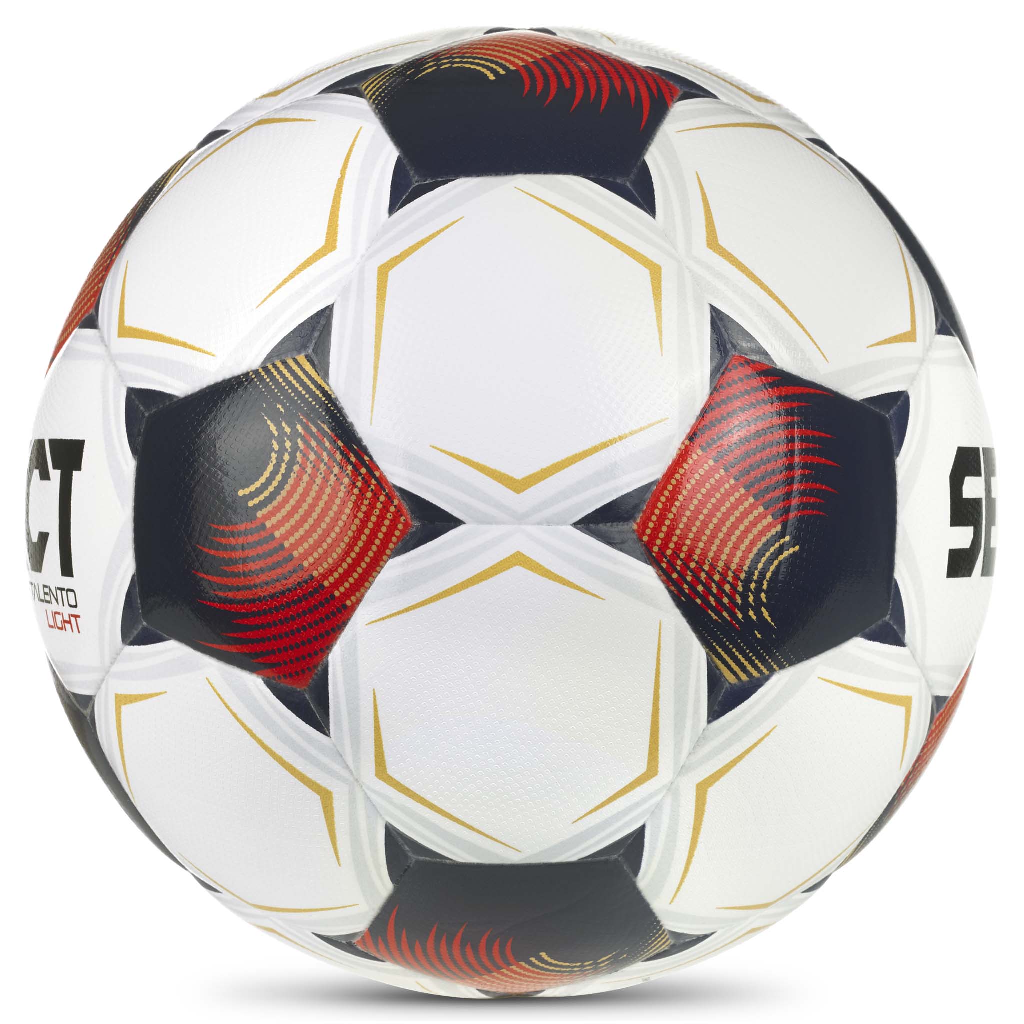 Talento Light v26 fodbold, hvid med marineblå, røde og gyldne detaljer, set fra højre side.