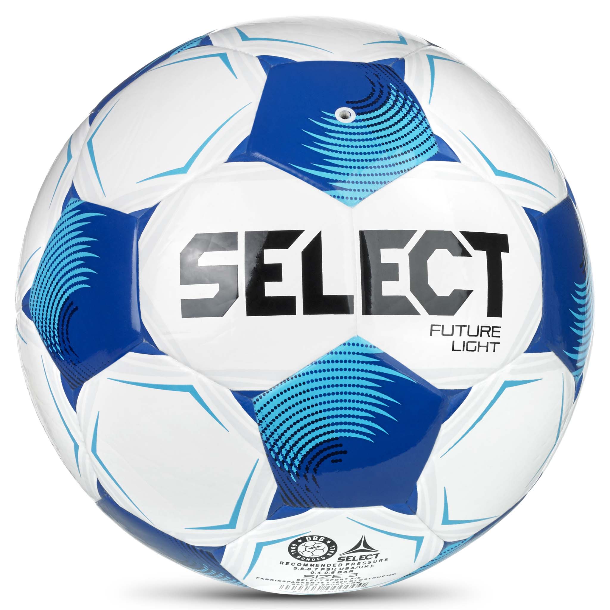 Bagside af hvid og blå Future Light v26 fodbold med stjernedesign og Select-logo.