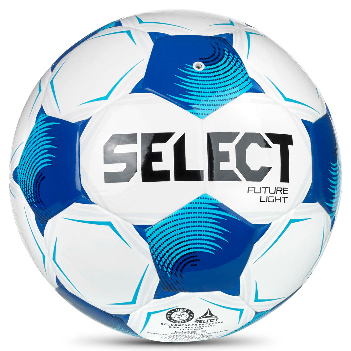 Bagside af hvid og blå Future Light v26 fodbold med stjernedesign og Select-logo.