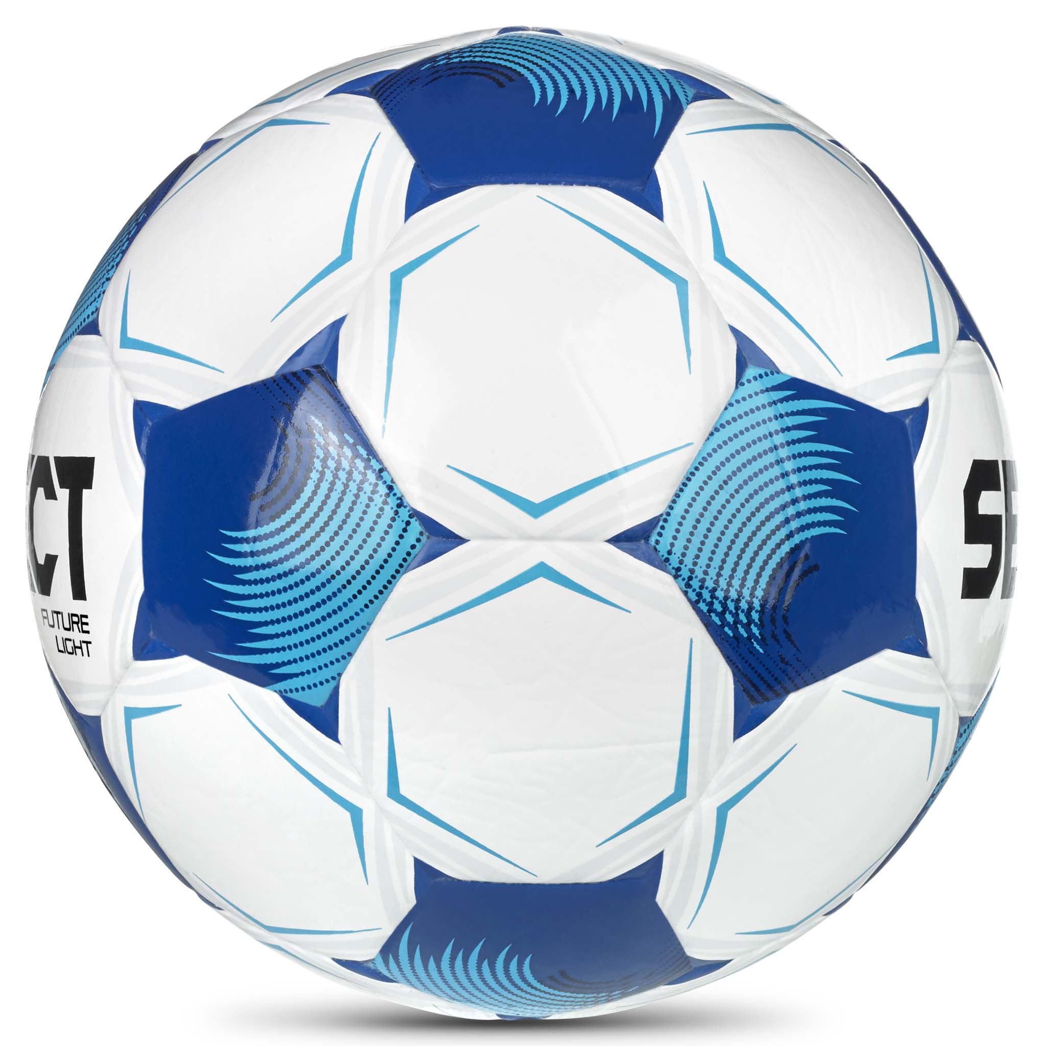 Future Light v26 fodbold i hvid med blå og lyseblå felter, set fra højre side