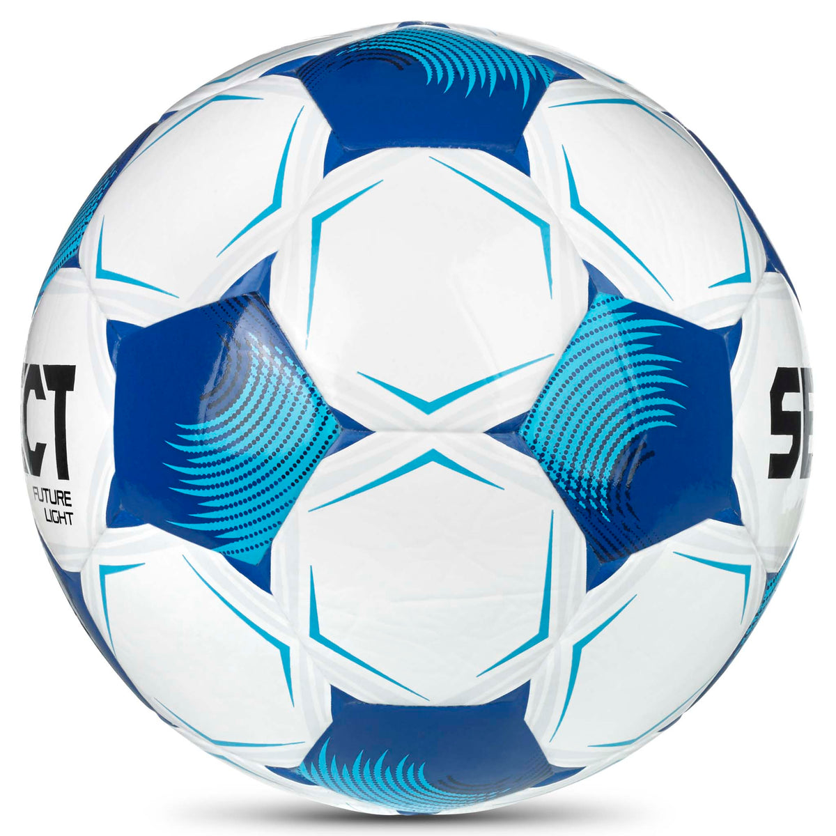 Future Light v26 fodbold i hvid med blå og lyseblå felter, set fra højre side