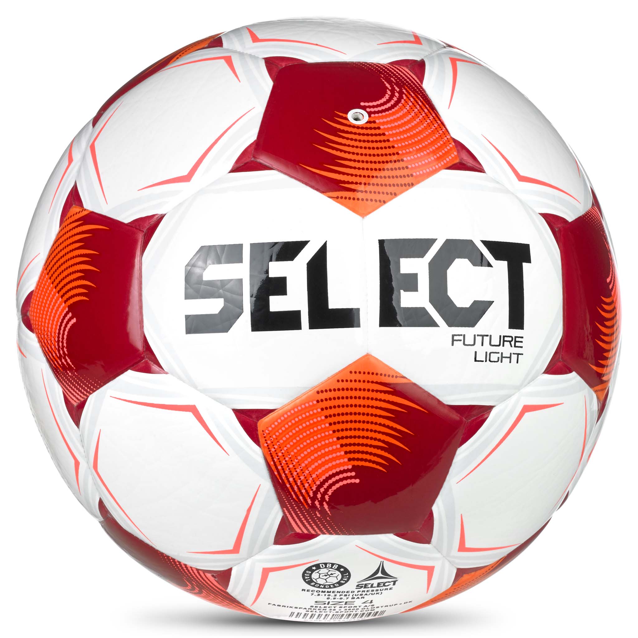Future Light v26 fodbold, bagside. Hvid bold med rødt og orange stjernemønster og Select-logo.