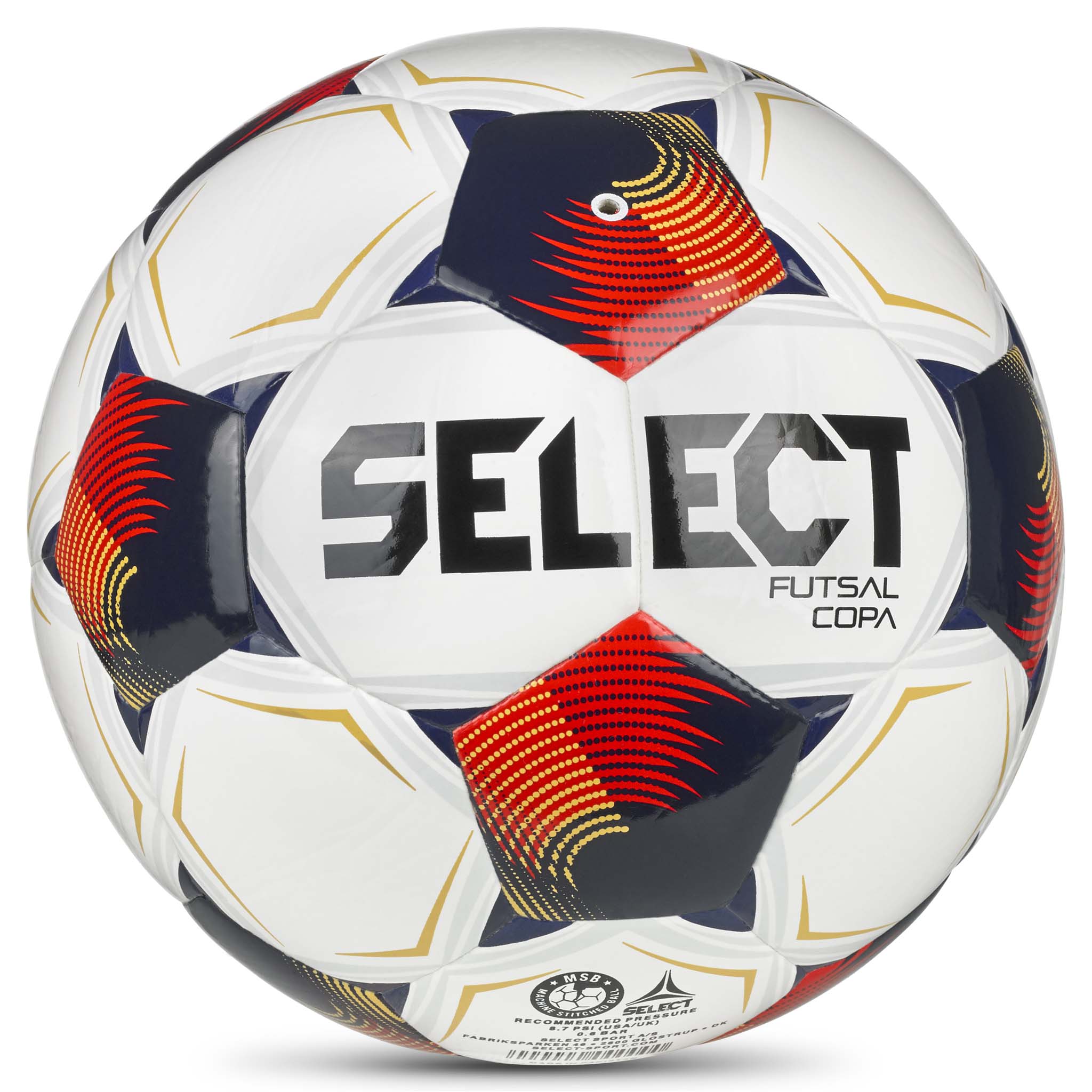 Back page of Futsal Copa v26 football in white, navy and red