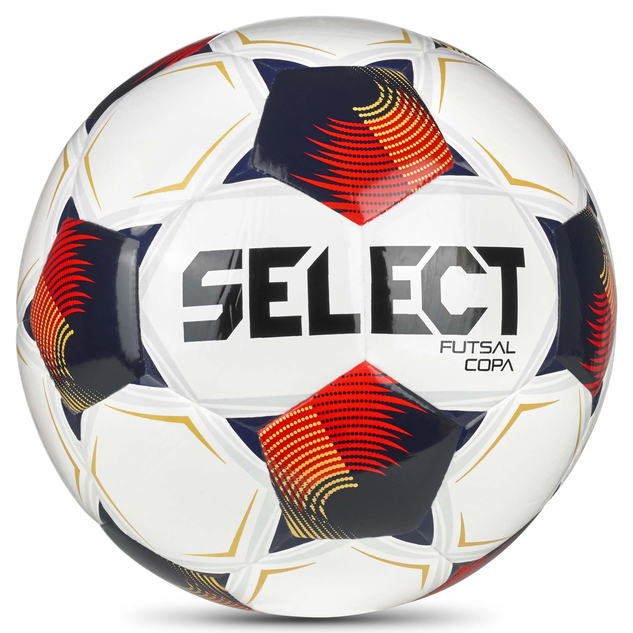 Futsal Copa v26 football, front view, white with red, navy and orange star design