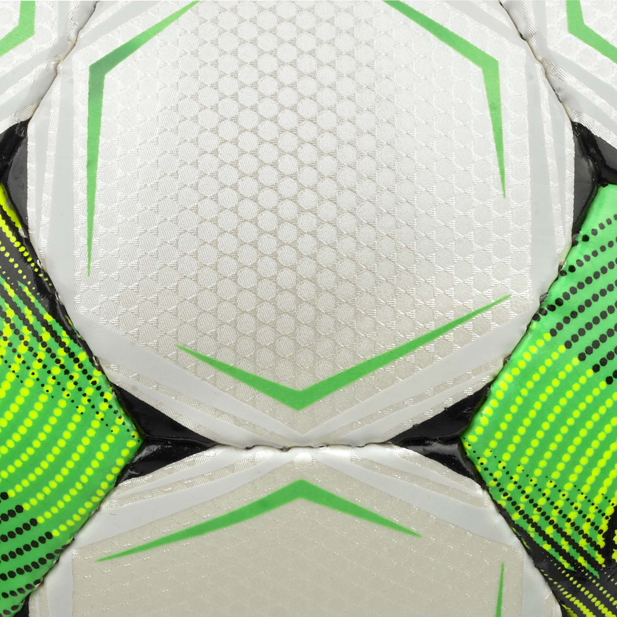 Closeup of Futsal Mimas v26 football, white textured panels with green and yellow accents