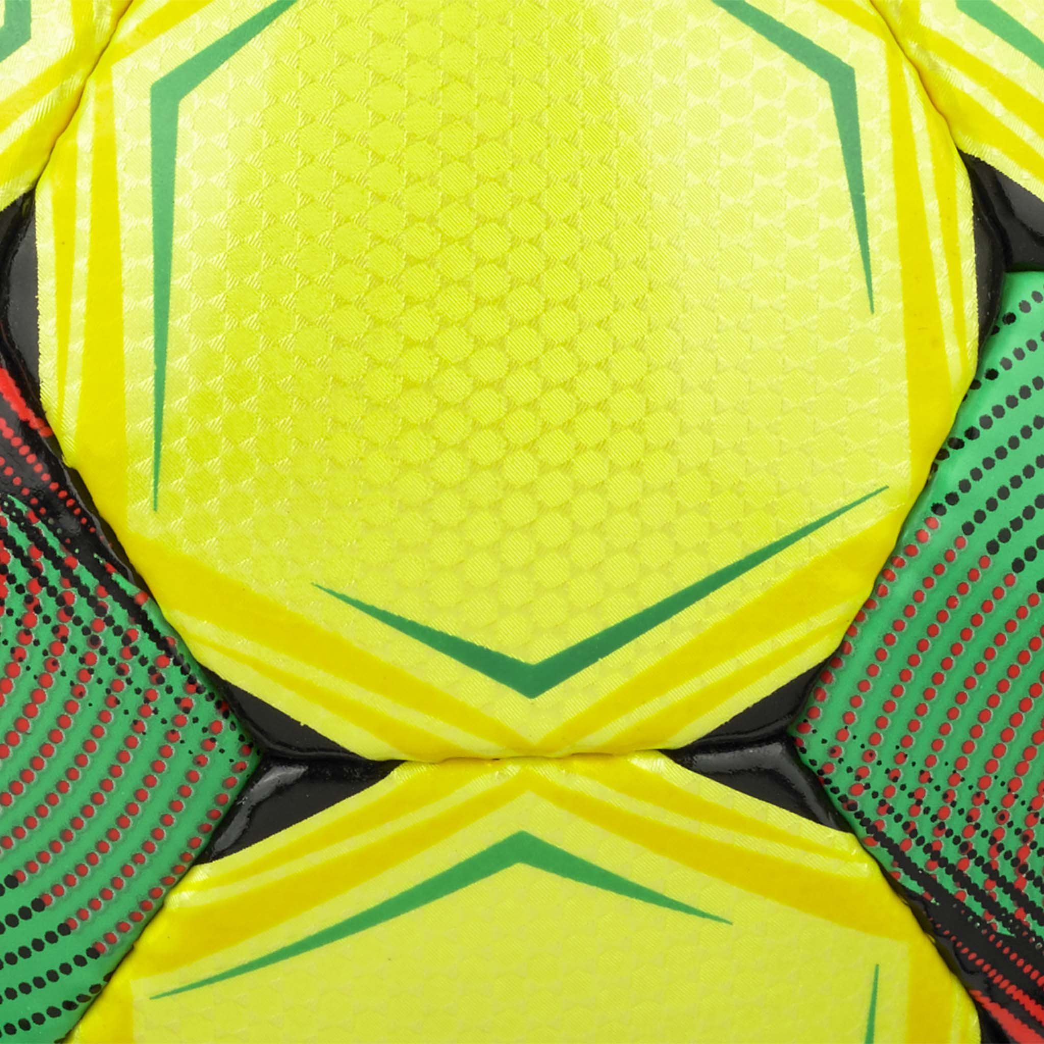 Closeup of Futsal Mimas v26 futsal ball, textured surface in yellow, green, black and red.