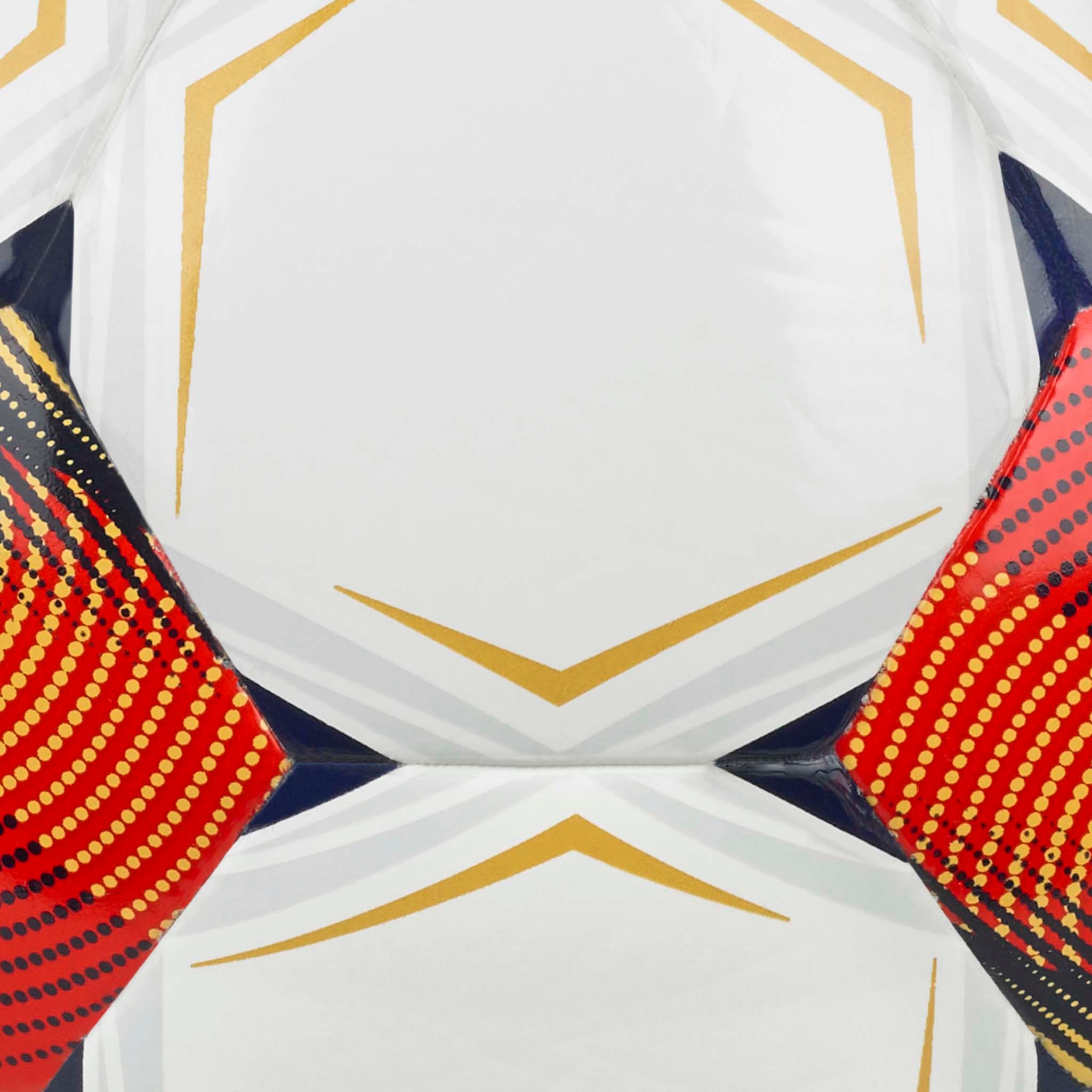 Closeup of Futsal Copa v26 futsal ball, showing white panels with gold, red, yellow and navy accents.