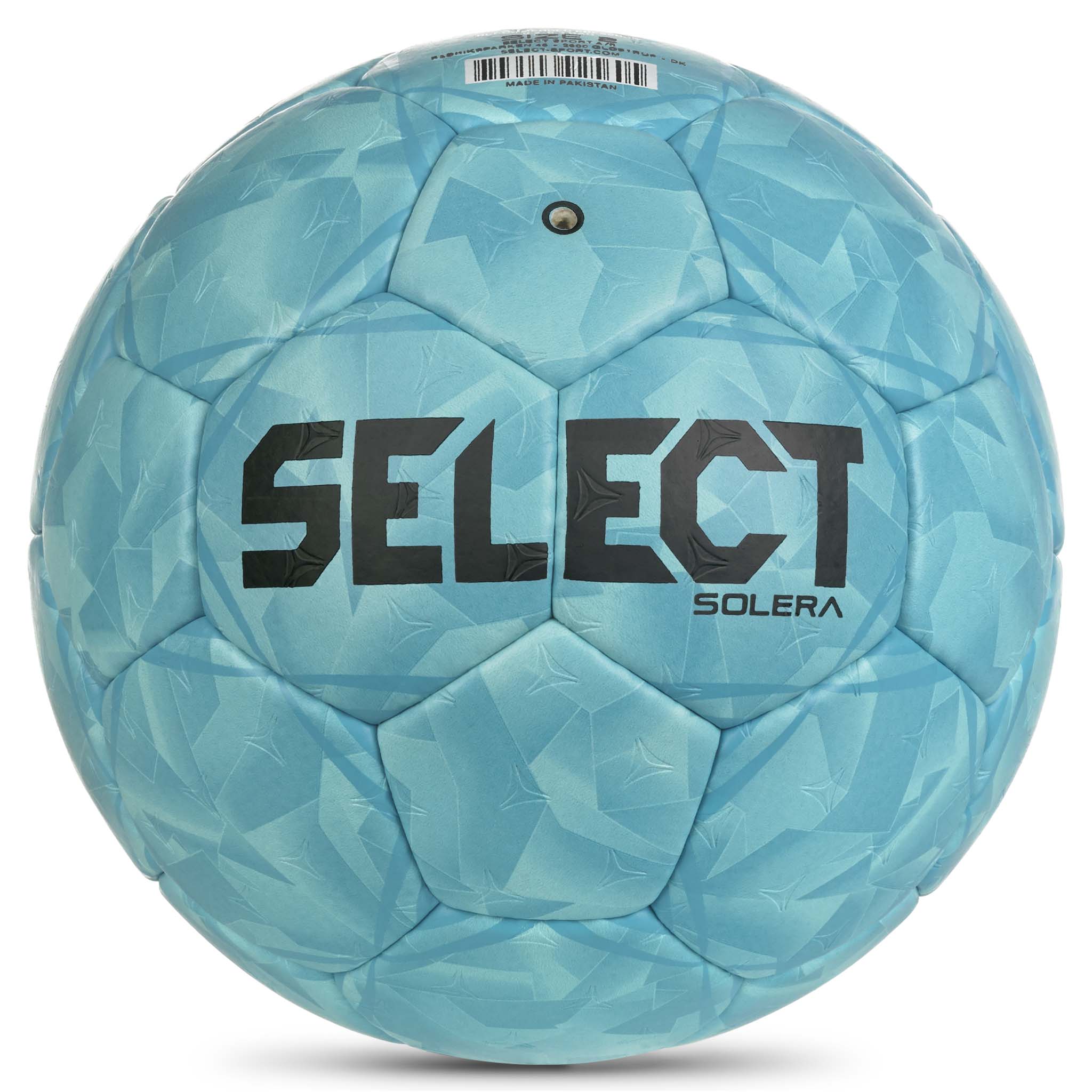 Back page of blue Solera v26 handball with geometric pattern and black logo