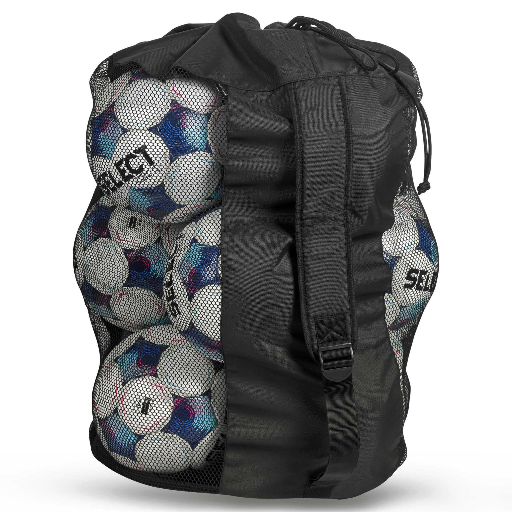Black Football bag Select 10-12 balls v26, sports bag, back page, mesh side filled with white and blue footballs.