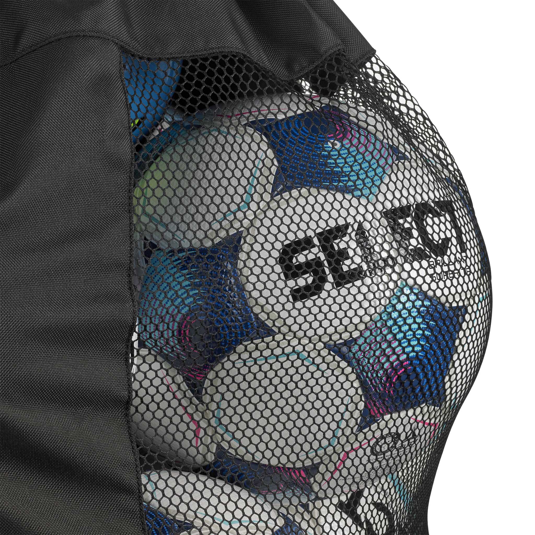 Closeup of black mesh Football bag Select 10-12 balls v26, sports bag holding blue and white footballs.