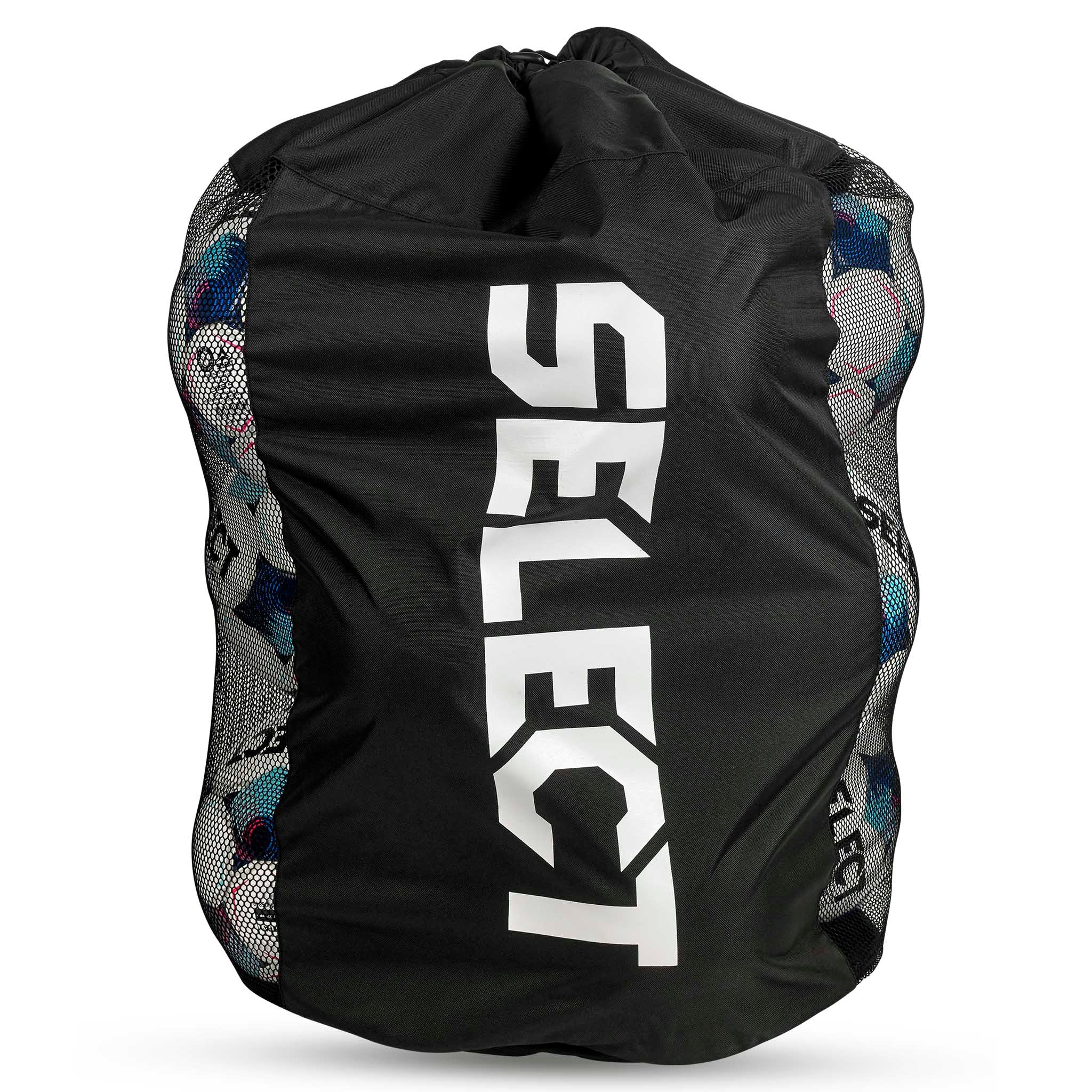 Front page of black Football bag Select 10-12 balls v26, sports bag with white logo and mesh sides