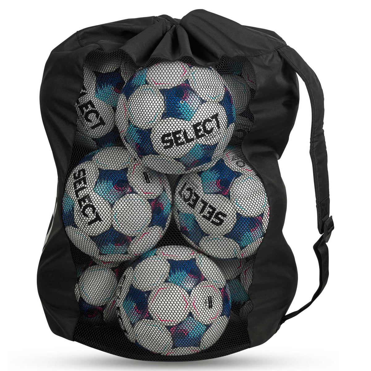 Sort Fodboldtaske Select 10-12 bolde v26, sportstasker, højre side, fyldt med fodbolde
