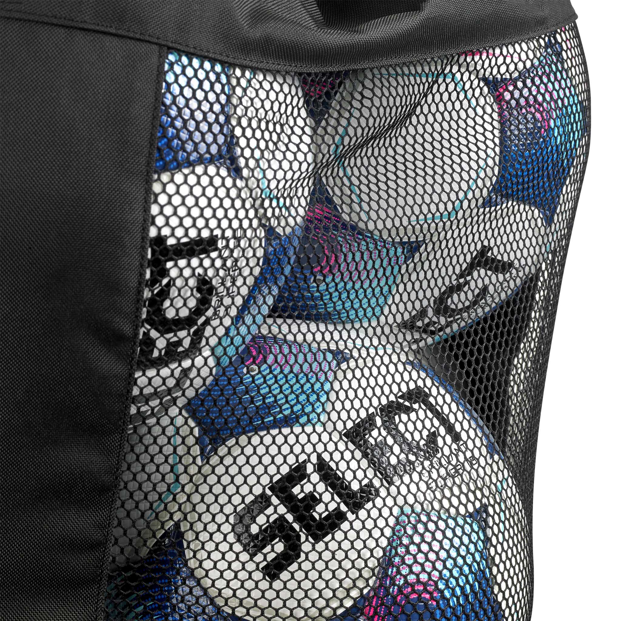 Nærbillede af sort Football bag Select 18-20 balls v26 net-side med blå og lyserøde bolde indeni. Sportstasker.