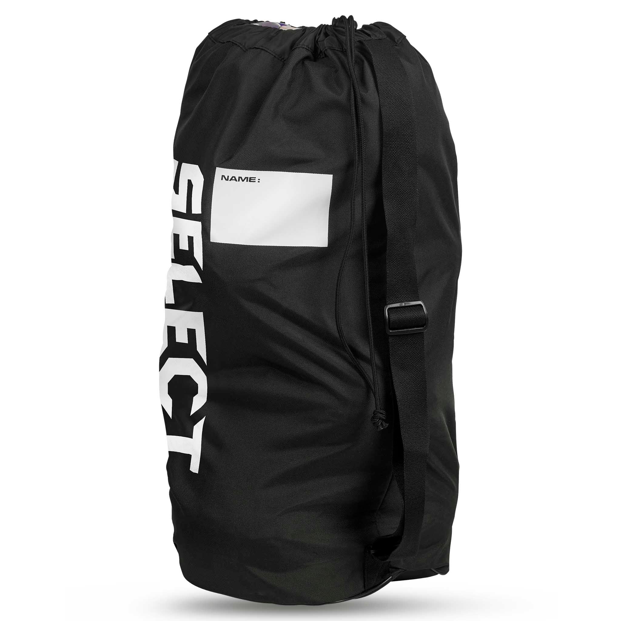 Bagside af sort Handball bag Select 10-12 balls v26, sportstaske med hvidt logo og navneskilt.