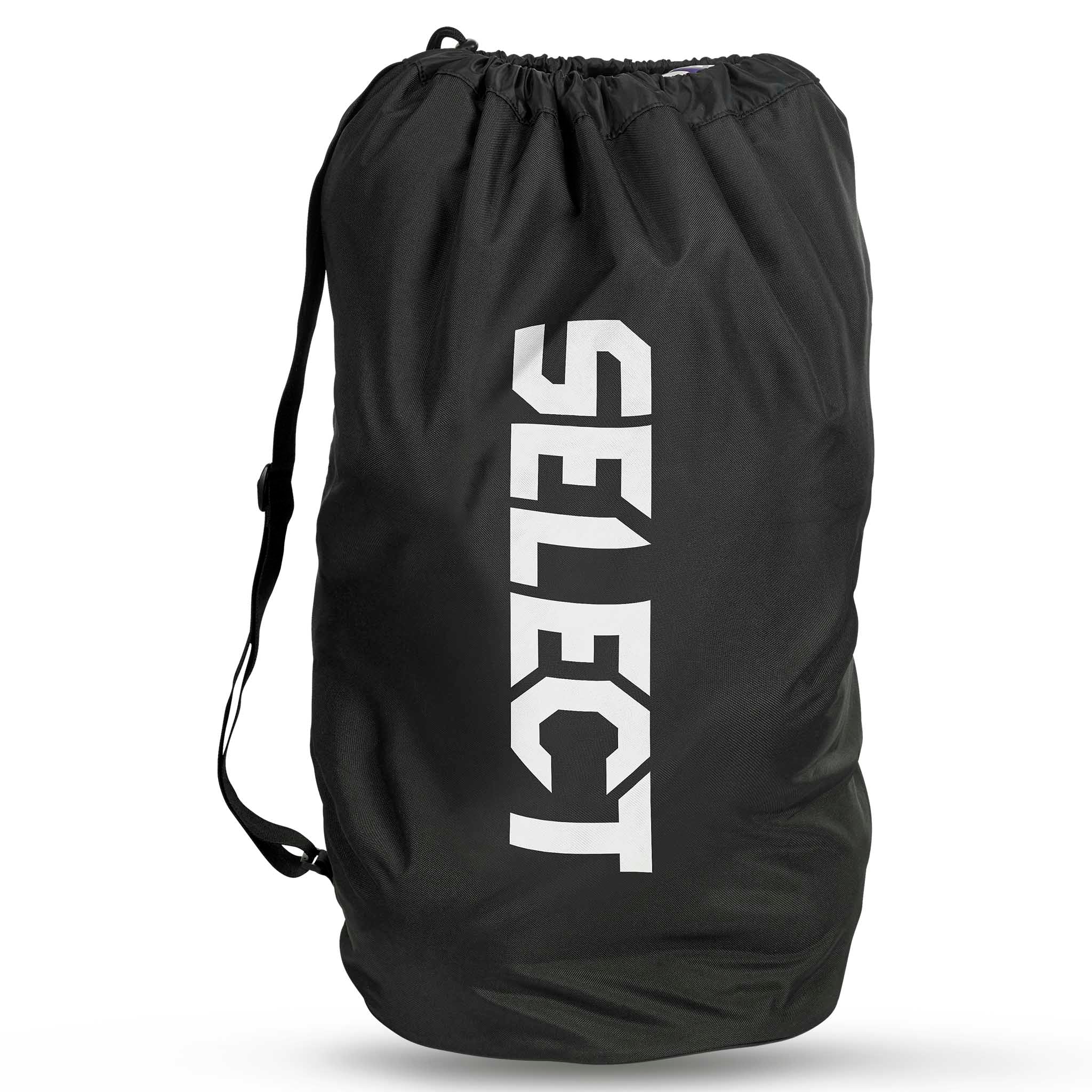 Forside af sort Handball bag Select 10-12 balls v26, sportstaske med hvidt logo og snøreluk.