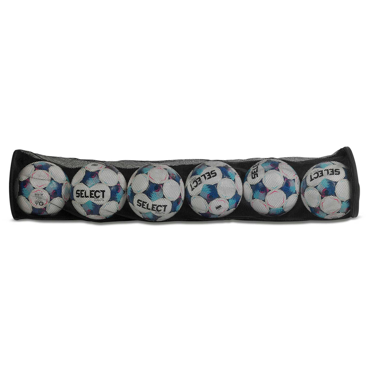 Sort Ball tube for 6 balls v26, bagside, med seks hvide, blå og sorte fodbolde. Boldudstyr.