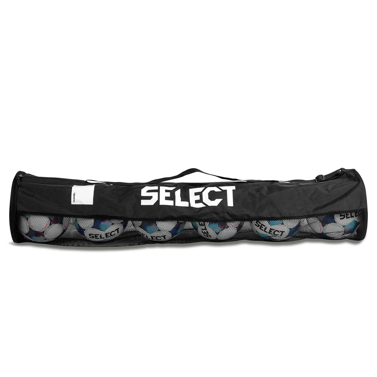 Sort Ball tube for 6 balls v26, boldudstyr, forside med hvide fodbolde synlige i nettet.