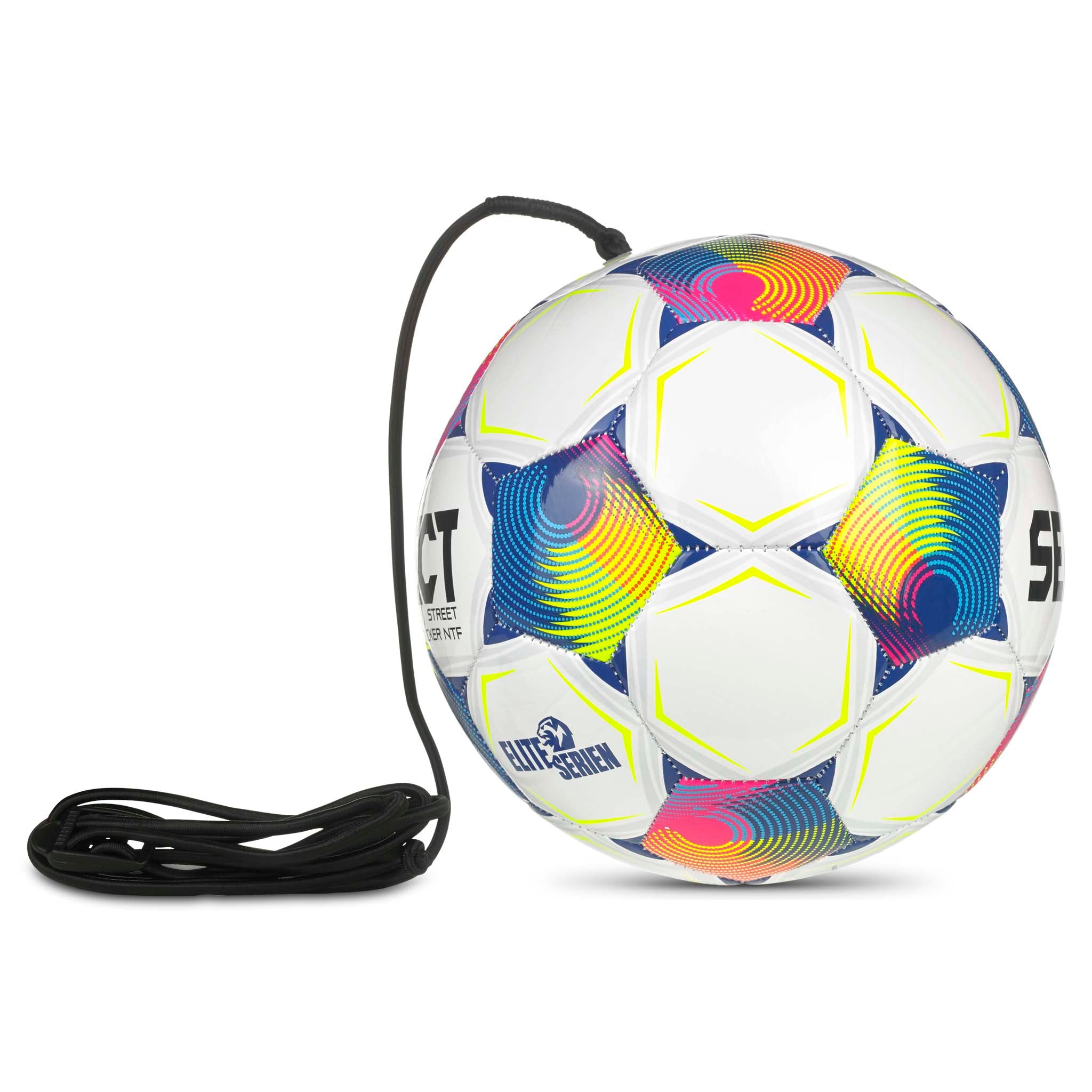 Street Kicker NTF v26 football, white with blue, pink and yellow design, attached black training cord, right-side view.