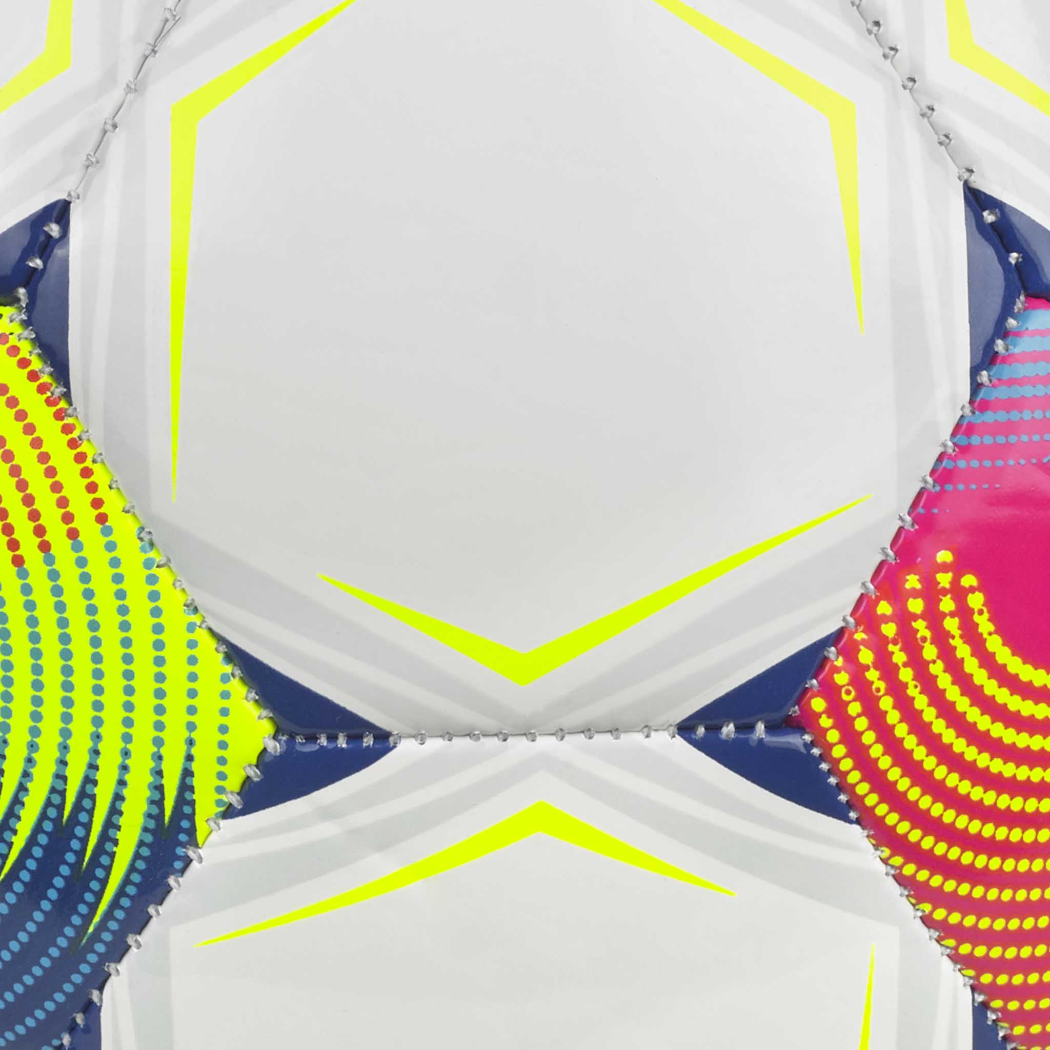 Street Kicker NTF v26 football closeup: white panels with blue, yellow, pink and green accents