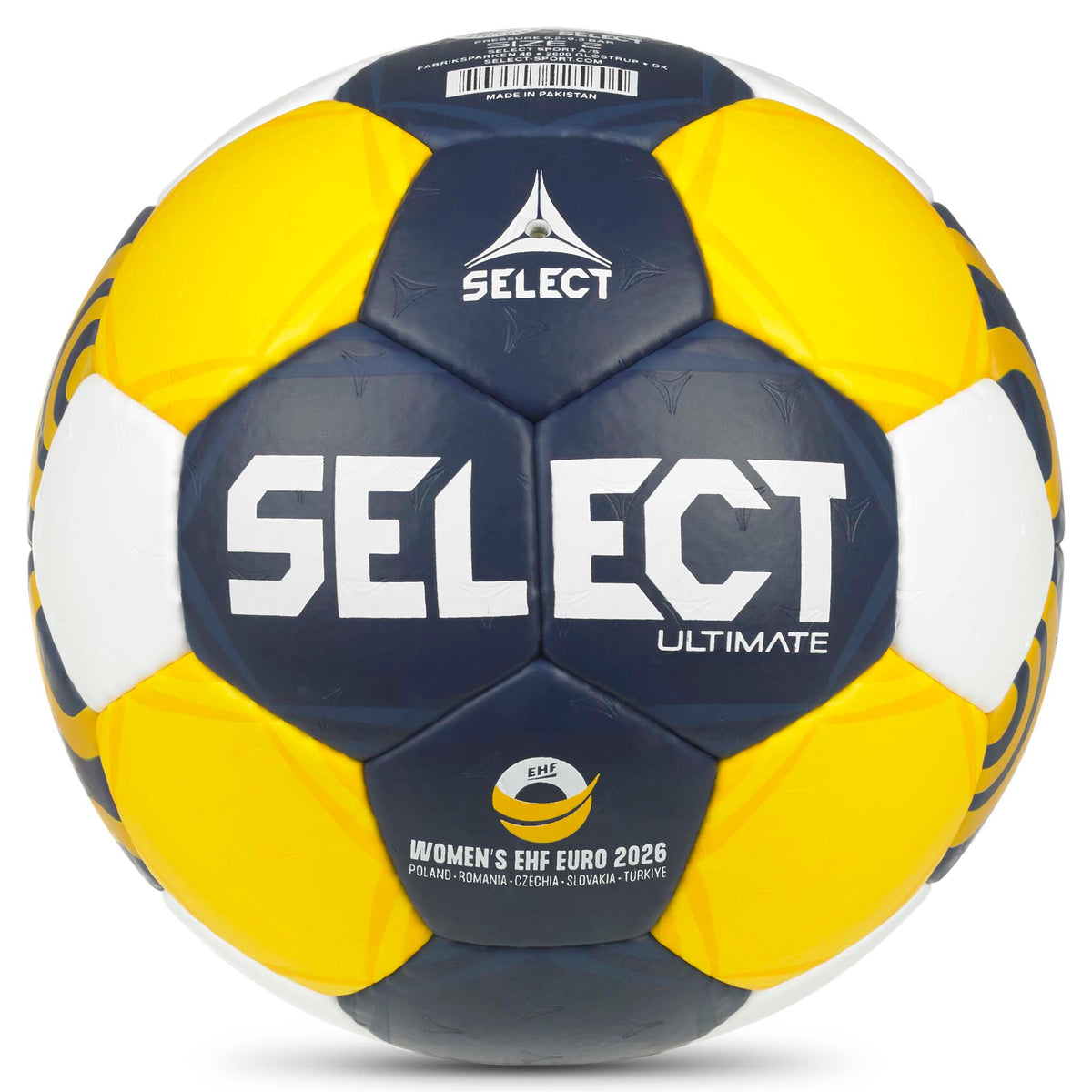 Ultimate EHF Euro Women v26 handball, back page, in yellow, navy blue and white.