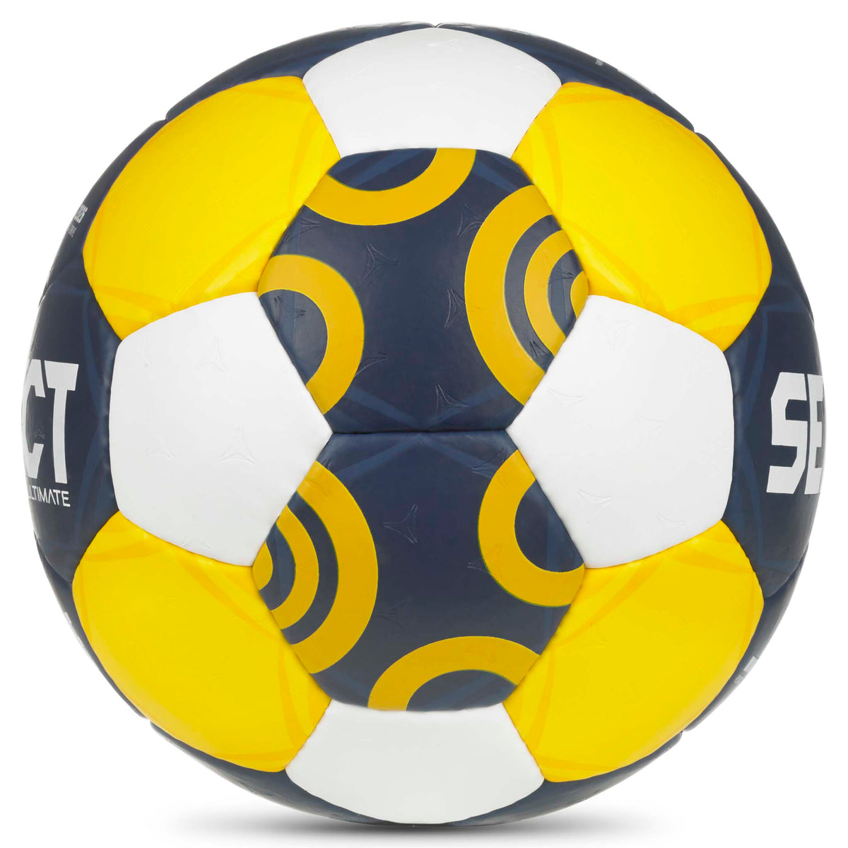 Right-side view of Ultimate EHF Euro Women v26 handball in navy, yellow and white