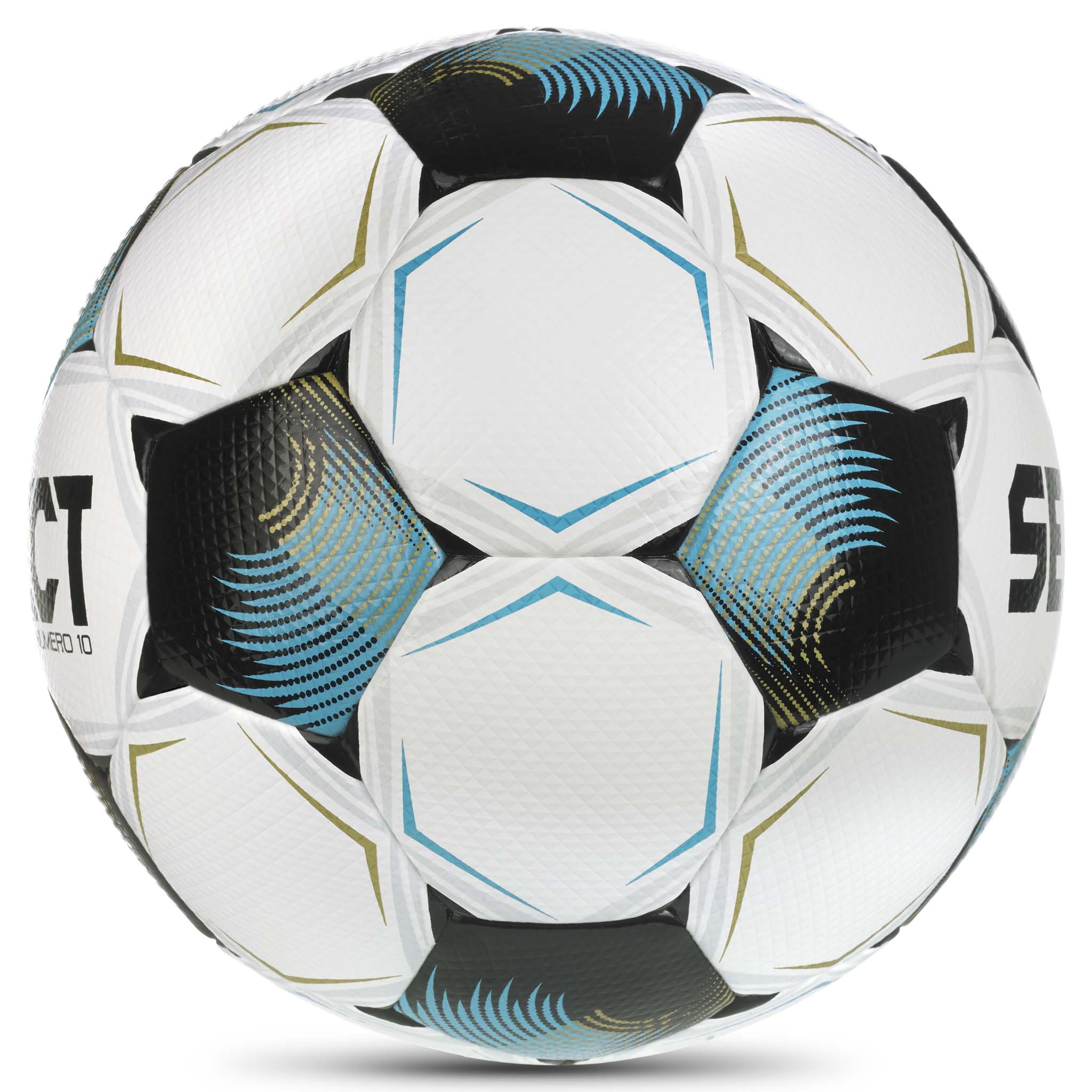 Numero 10 v26 fodbold, højre side. Hvid bold med sorte, blå og gyldne paneldetaljer.