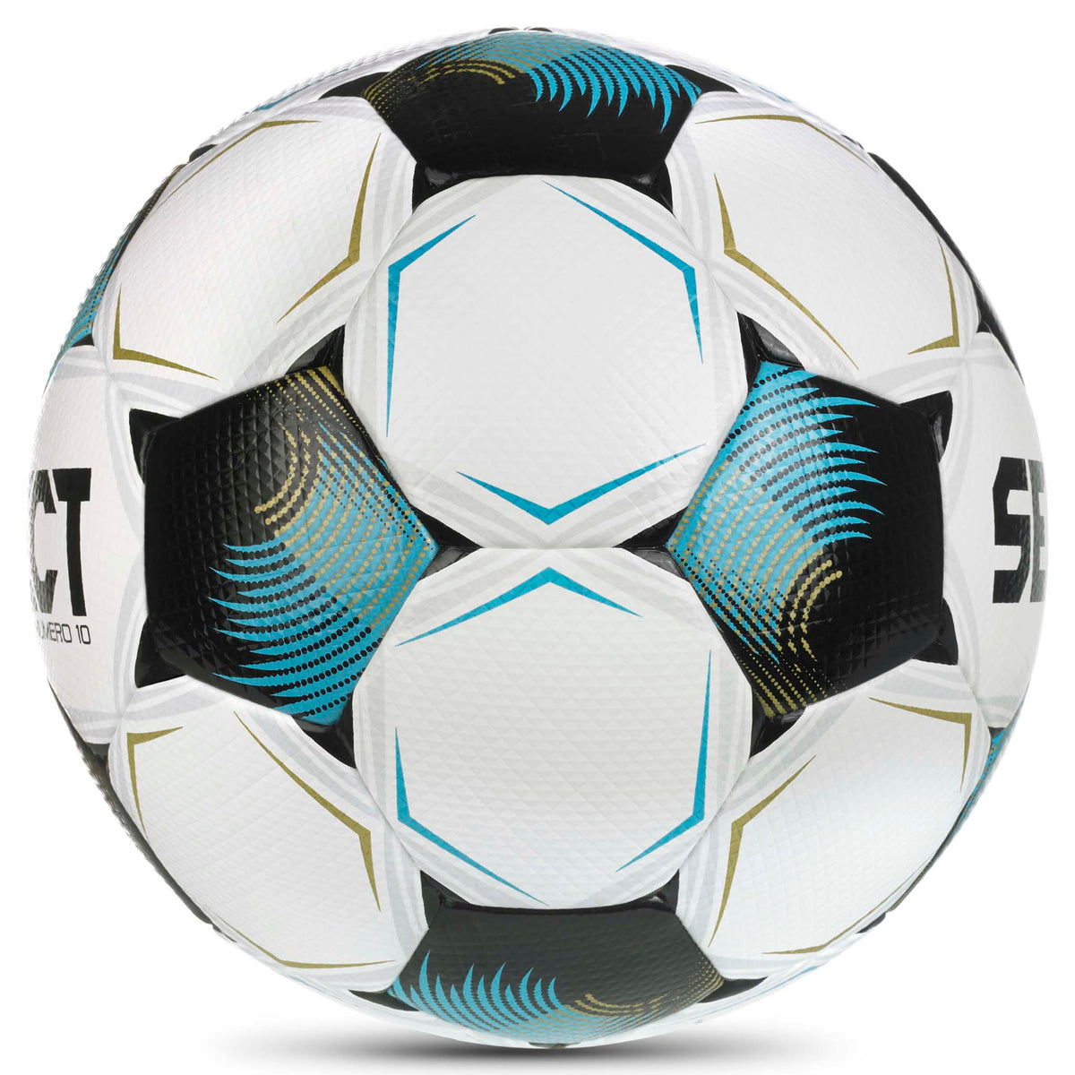 Numero 10 v26 fodbold, højre side. Hvid bold med sorte, blå og gyldne paneldetaljer.