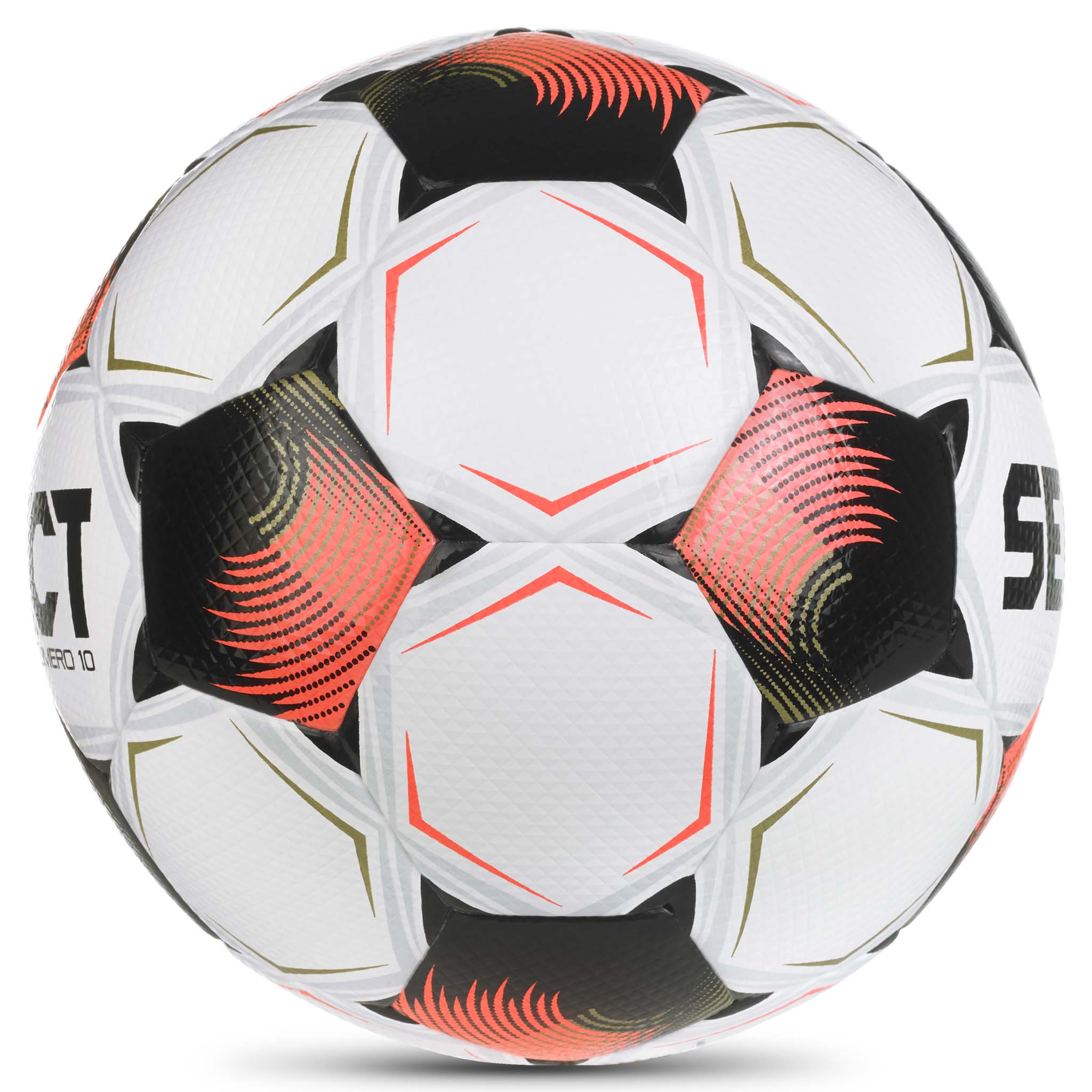 Numero 10 v26 fodbold i hvid med sorte, røde og orange detaljer, set fra højre side