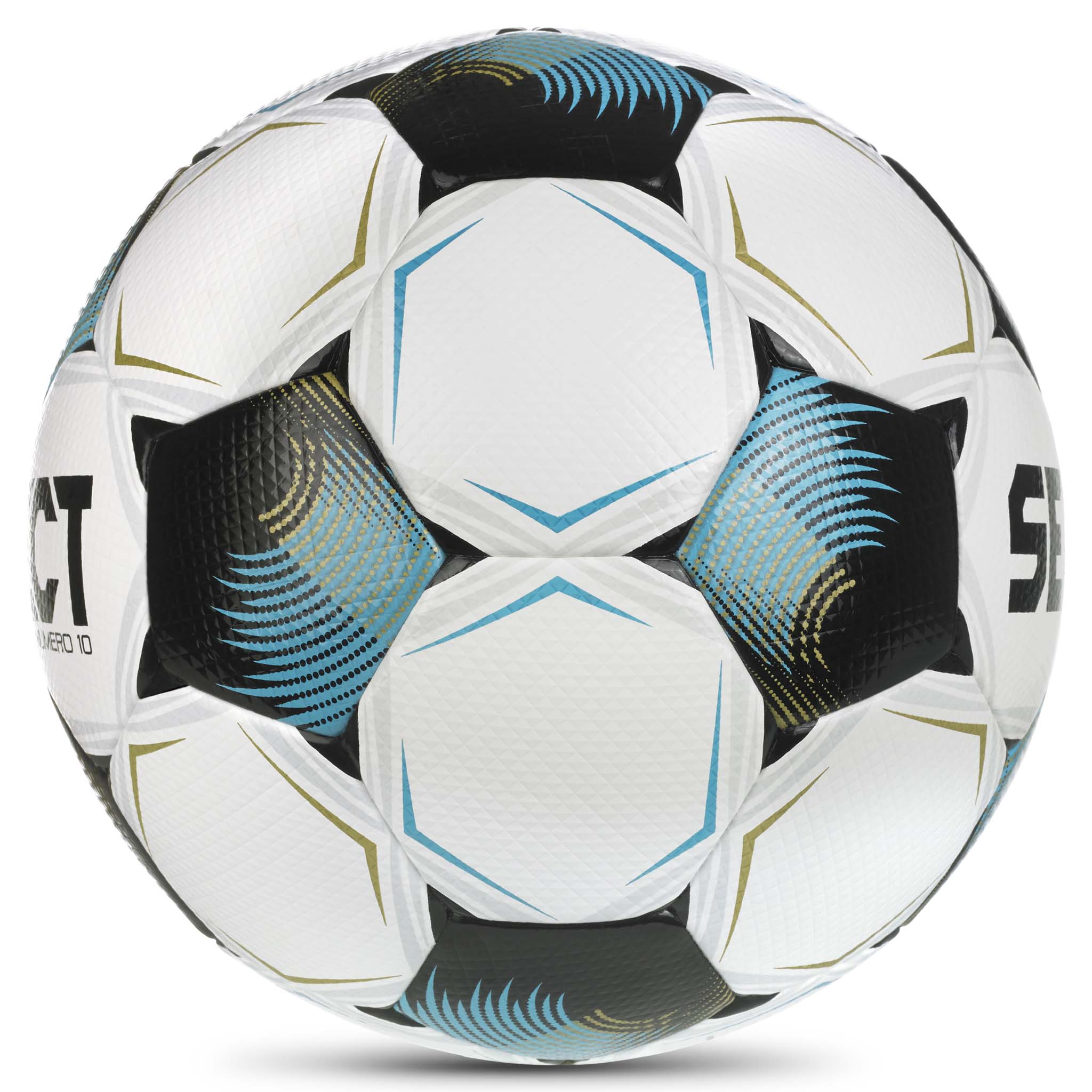 Numero 10 v26 fodbold, højre side, i hvid, blå og sort