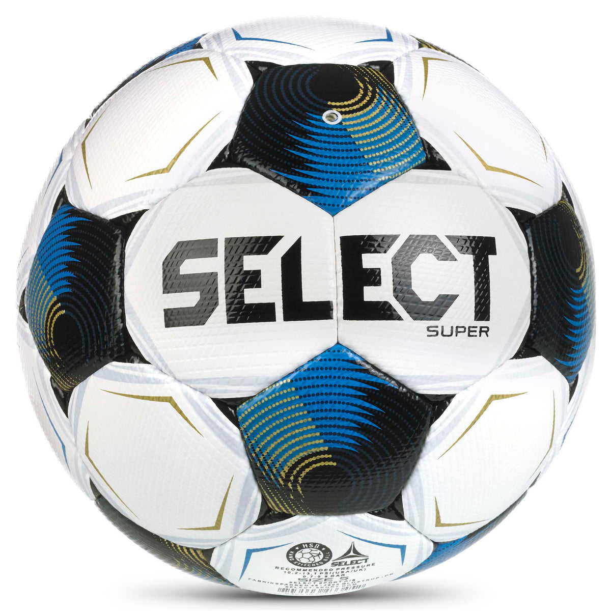 Super v26 fodbold, bagside, hvid med blå, sort og guld detaljer