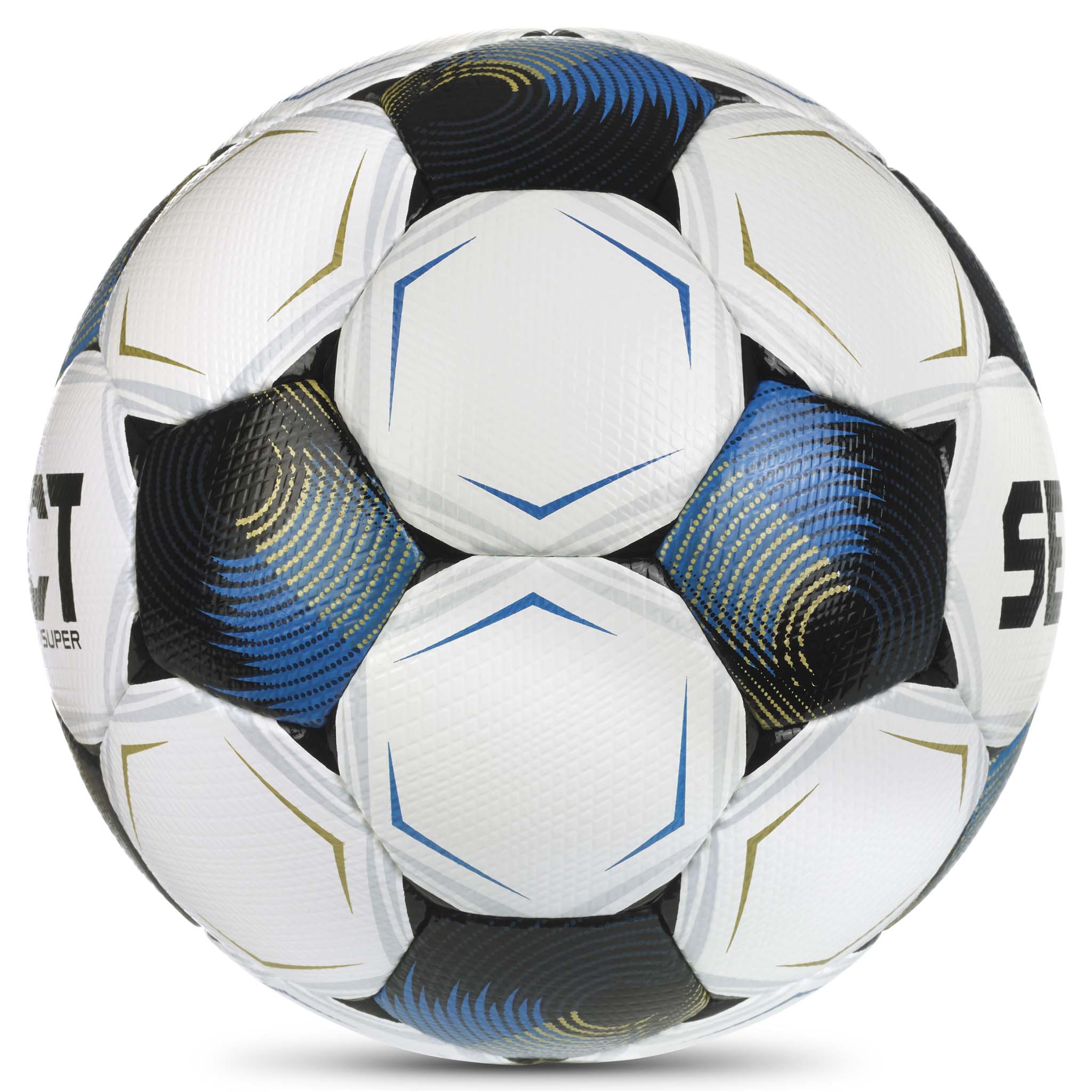 Super v26 fodbold, set fra højre side. Hvid med sort, blå og guld paneldesign.