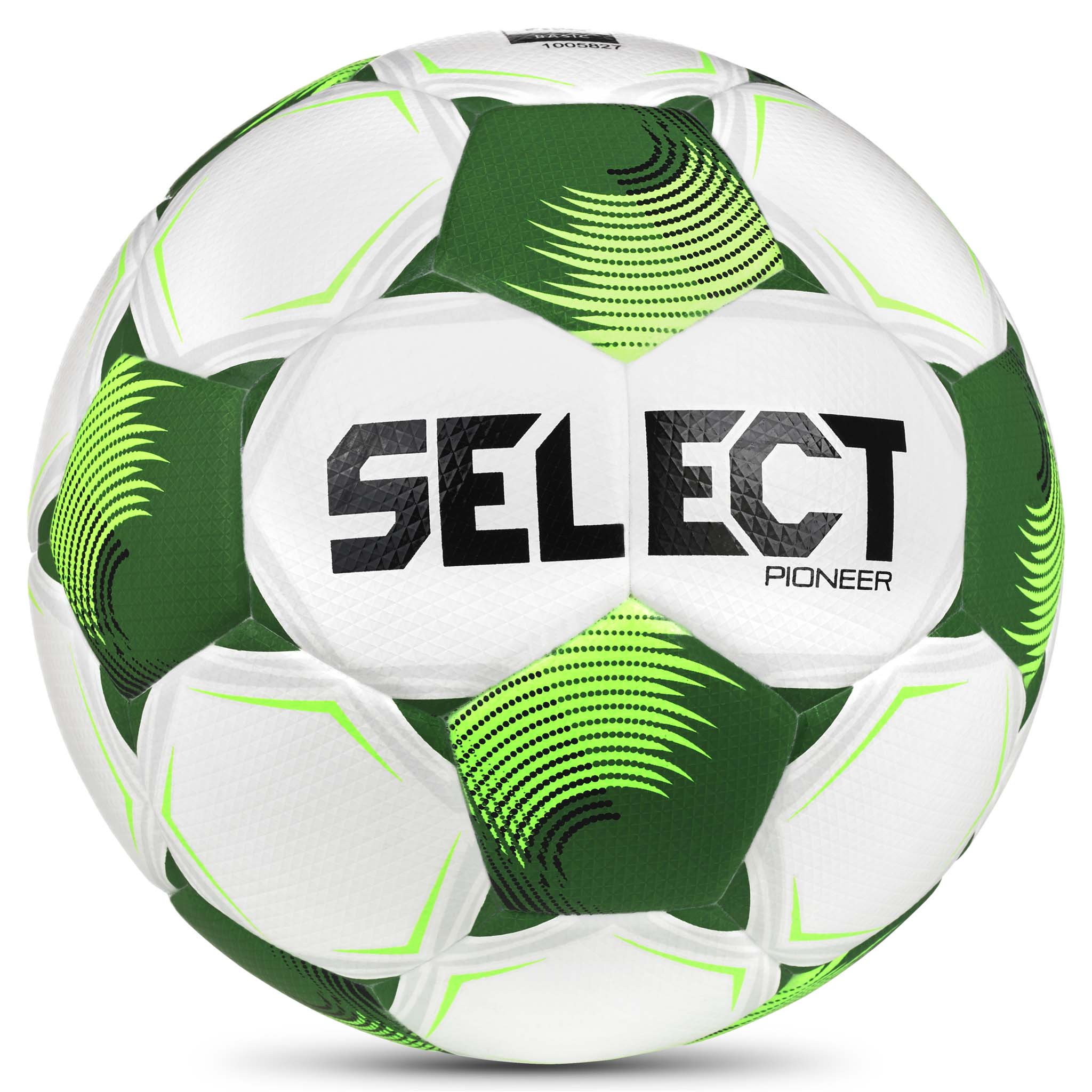 Forside af hvid og grøn Pioneer v26 fodbold med sort Select-logo.