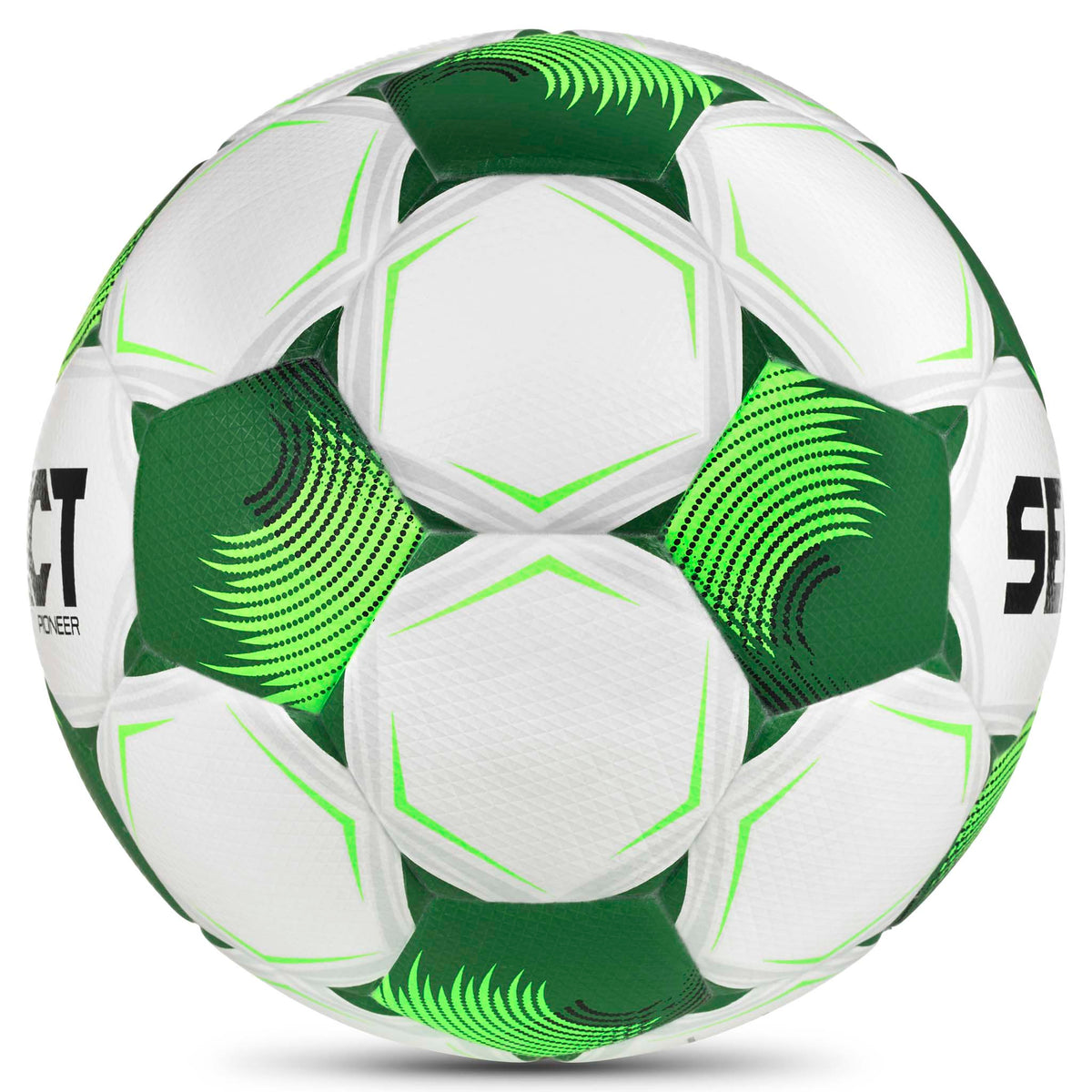 Hvid og grøn Pioneer v26 fodbold, set fra højre side