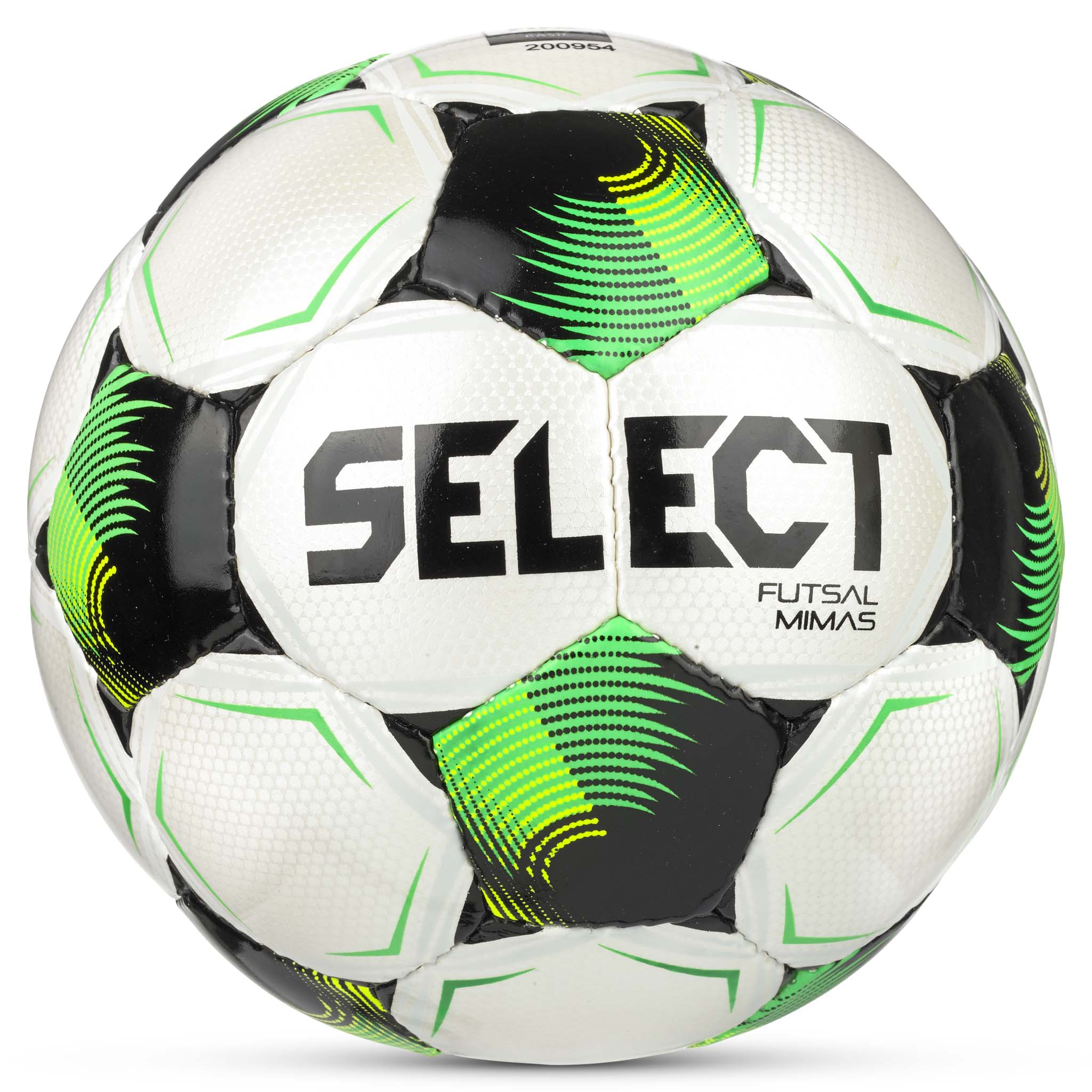 Front page of white, green and black Futsal Mimas v26 football